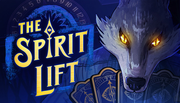 The logo for THE SPIRIT LIFT in gold and blue, next to a wolf's face with glowing gold eyes as he holds a deck of cards.