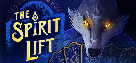 Prettysmart games' key art for their game entitled THE SPIRIT LIFT. The game’s shopkeeper, Dorian Graywolf, has yellow glowing eyes holding a fan of navy blue cards under his wolf snout. The cards have golden accents with an eye in the center and arrows facing up and down coming from the middle of the eye. The logo for THE SPIRIT LIFT is to the left of Dorian. It says, "THE SPIRIT LIFT" in the same yellow glow as Dorian’s eyes with the first I in SPIRIT mimicking an elevator dial with a blue atmospheric outline of the elevator dial with the actual dial behind it.