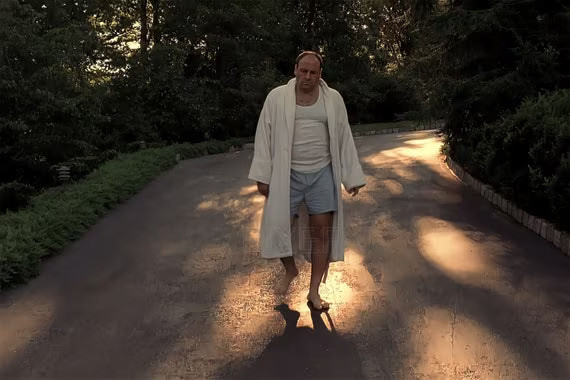 an image of tony soprano in his bathrobe, undershirt, and boxers looking positively exhausted as he walks down his driveway