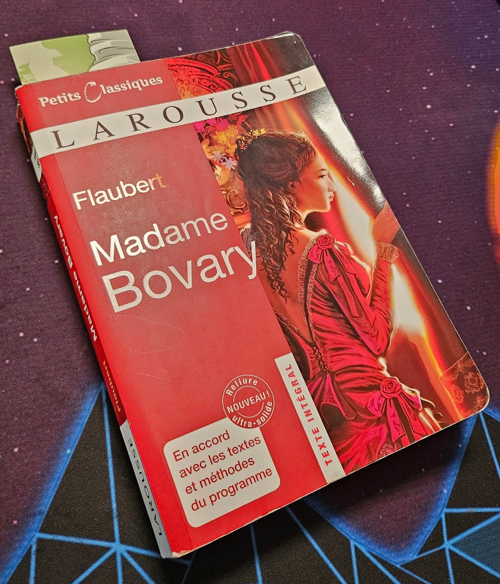 Livre de poche, Madame Bovary de Flaubert.
Édition Petits Classiques de Larousse.
On peut voir une femme sur la couverture, dans une robe rouge, regardant par la fenêtre.