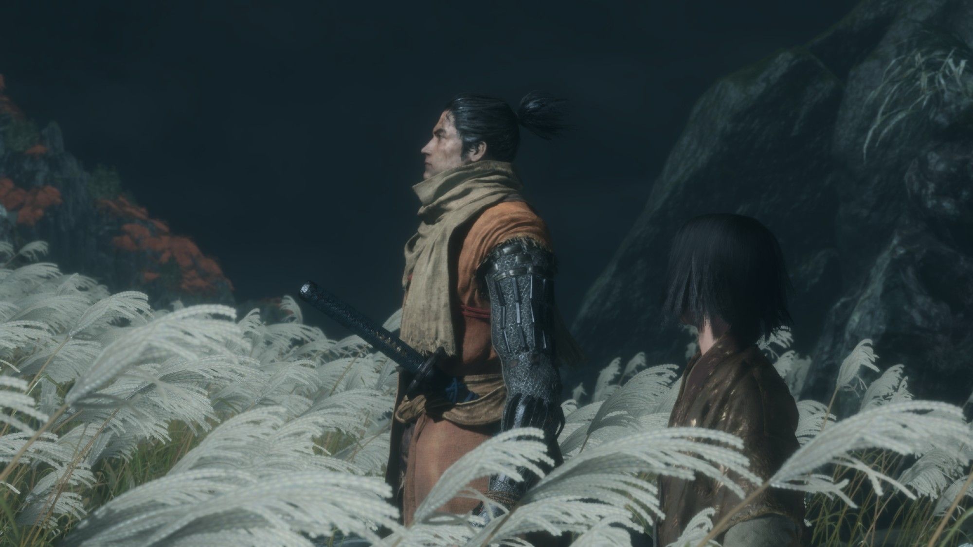 Screenshot du jeu Sekiro: Shadows Die Twice.
On y voit le protagoniste incarné par lea joueureuse aux cotés d'un jeu garçon. Ils sont tous deux dans un champs.