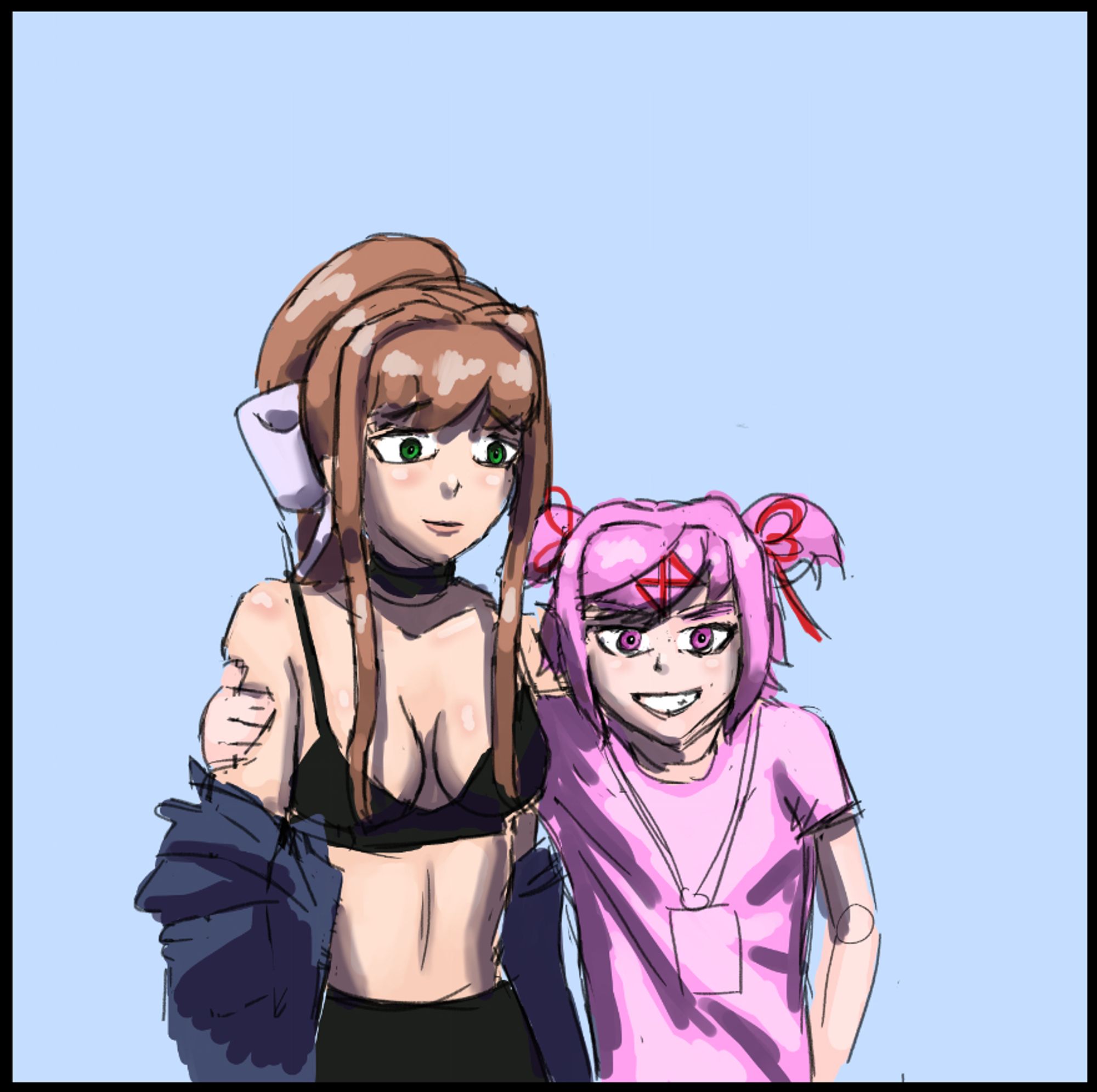 Monika and Natsuki from Doki Doki Literature Club re-enacting the meme photo of Idubbbz and Tana Mongeau.