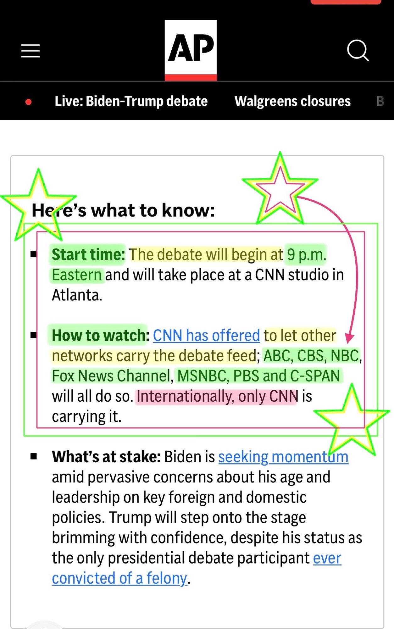 Highlighted screenshot of the Associated Press's website that says when and where to watch tonight's Presidential Debate.  The debate will start at 9pm Eastern Time on CNN.  The debate will also be carried by ABC, CBS, NBC, Fox News Channel, MSNBC, PBS, and C-Span.  CNN only for international.