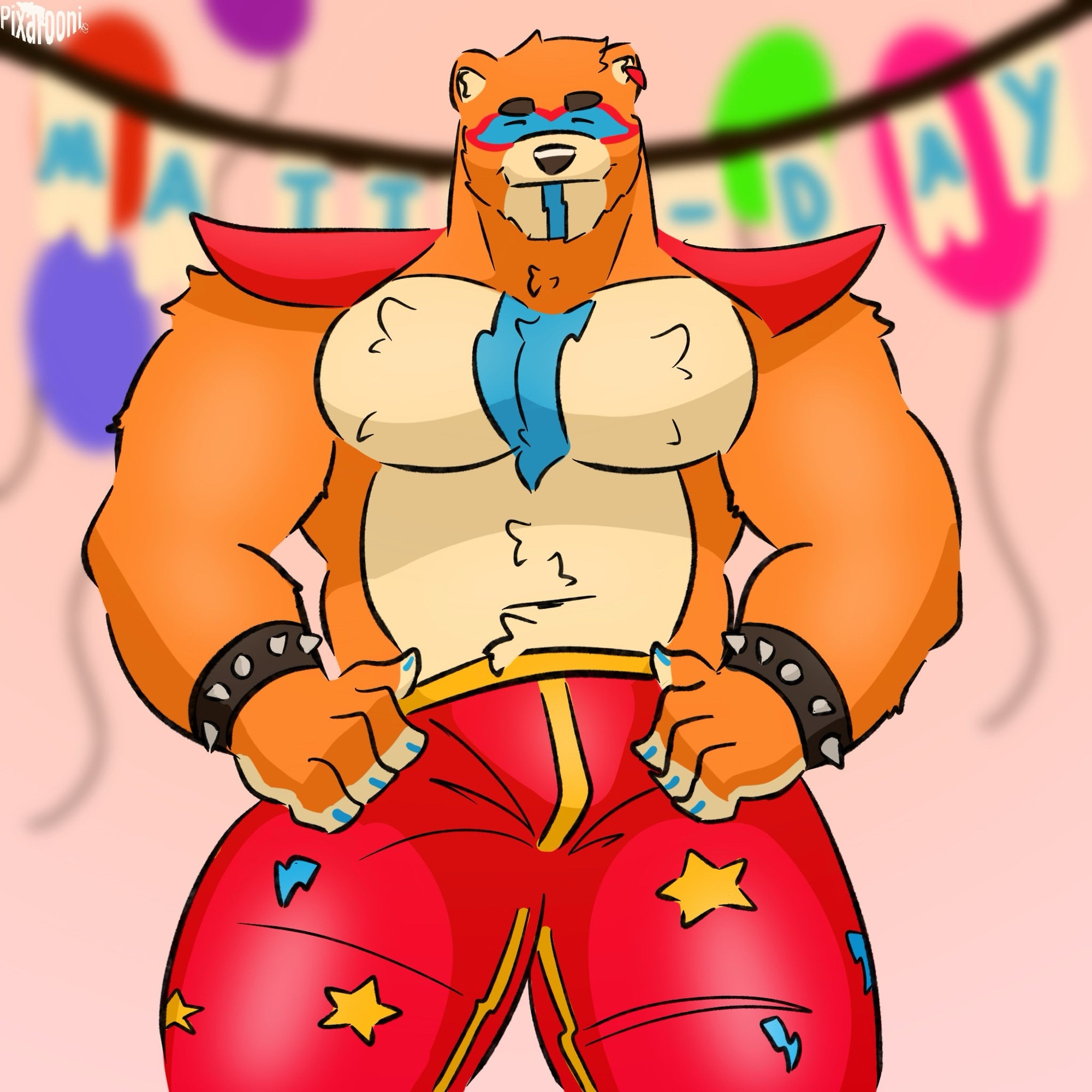 The drawing has Glamrock Freddy standing in the front with his hands on his hips with a birthday background