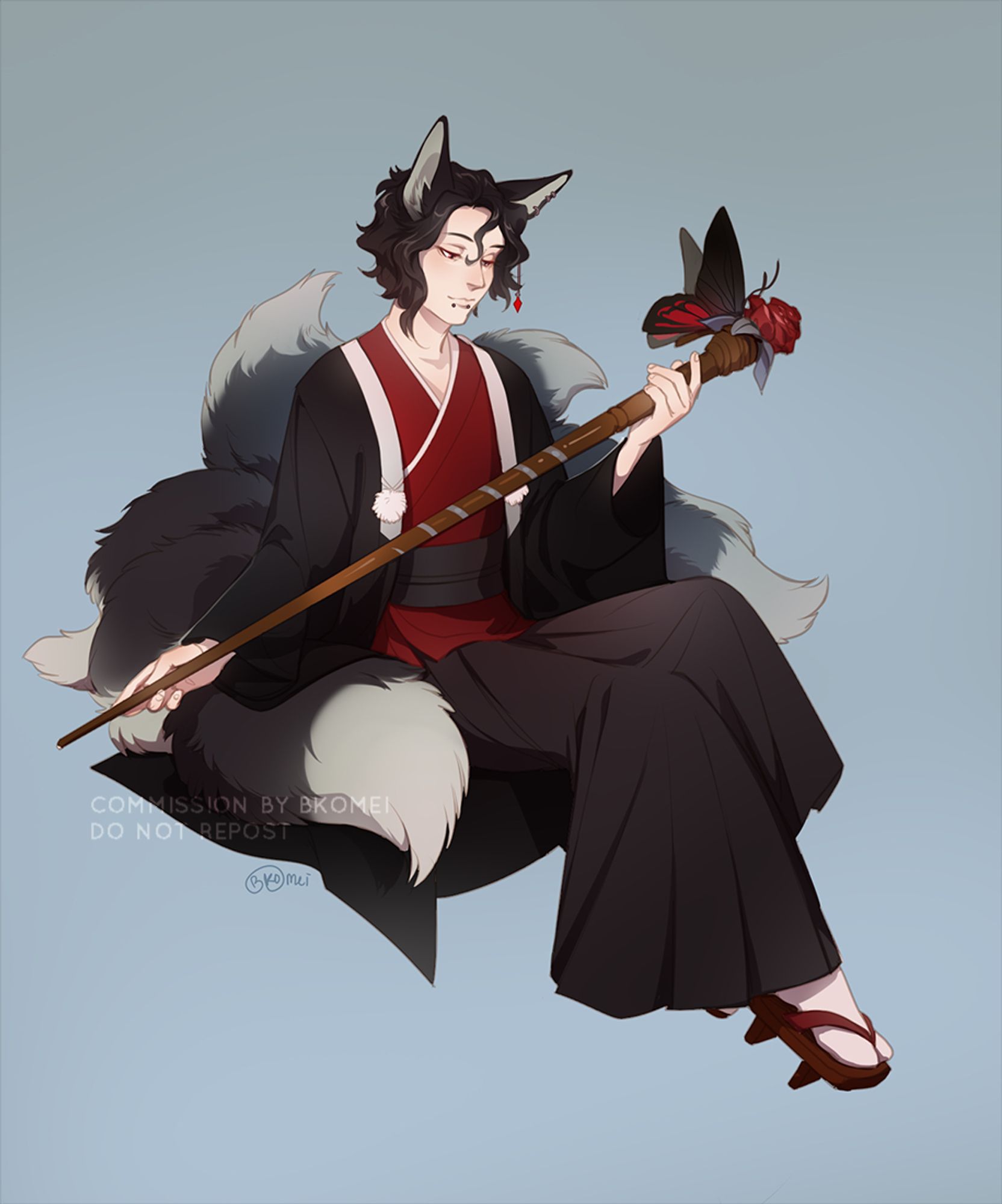 A black and gray kitsune man with a staff