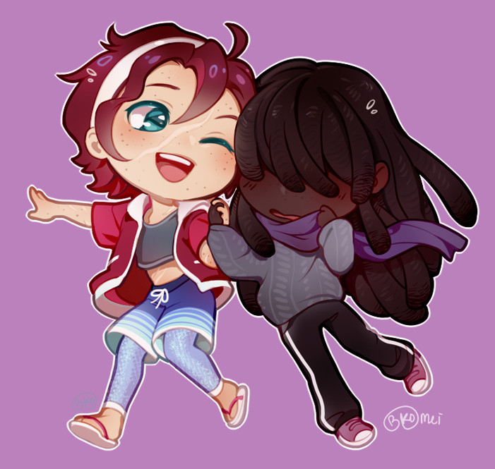 A pair of chibi boys about to dance, though one is quite shy.