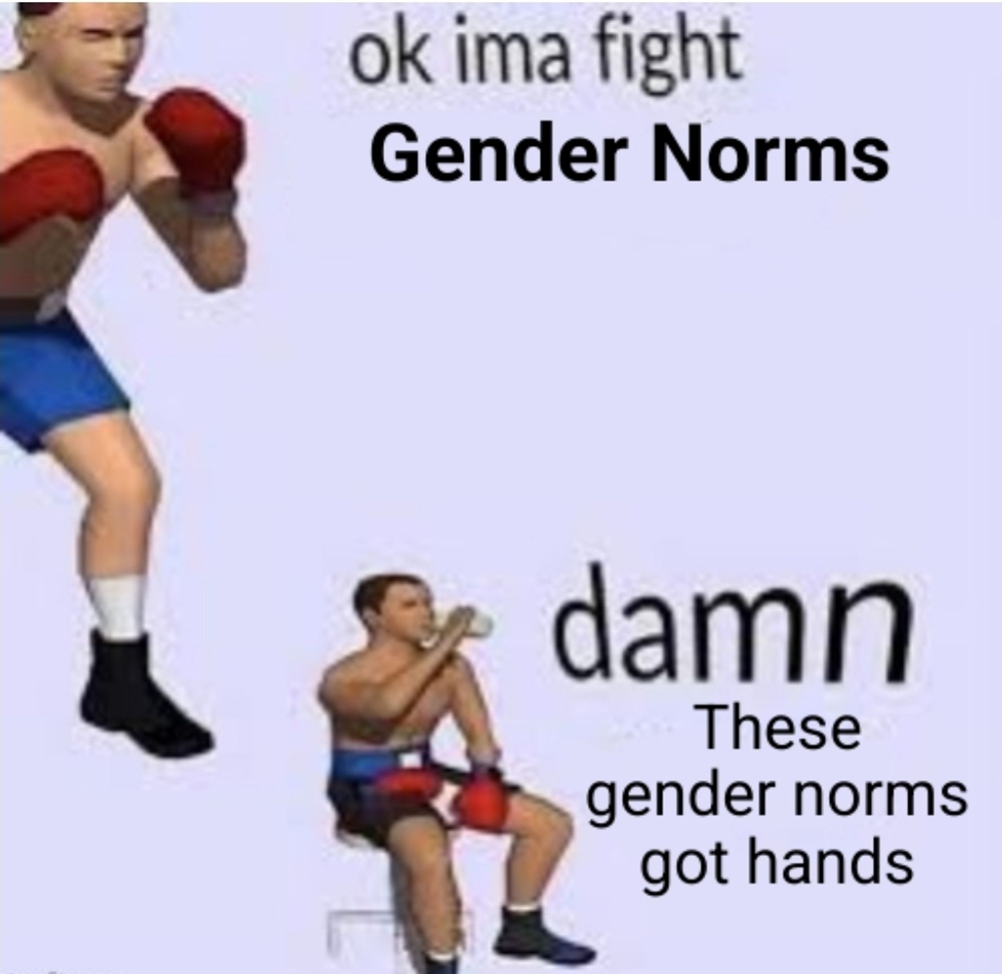 A meme with the text: Ok Imma fight Gender Norms : Damn These gender norms got hands