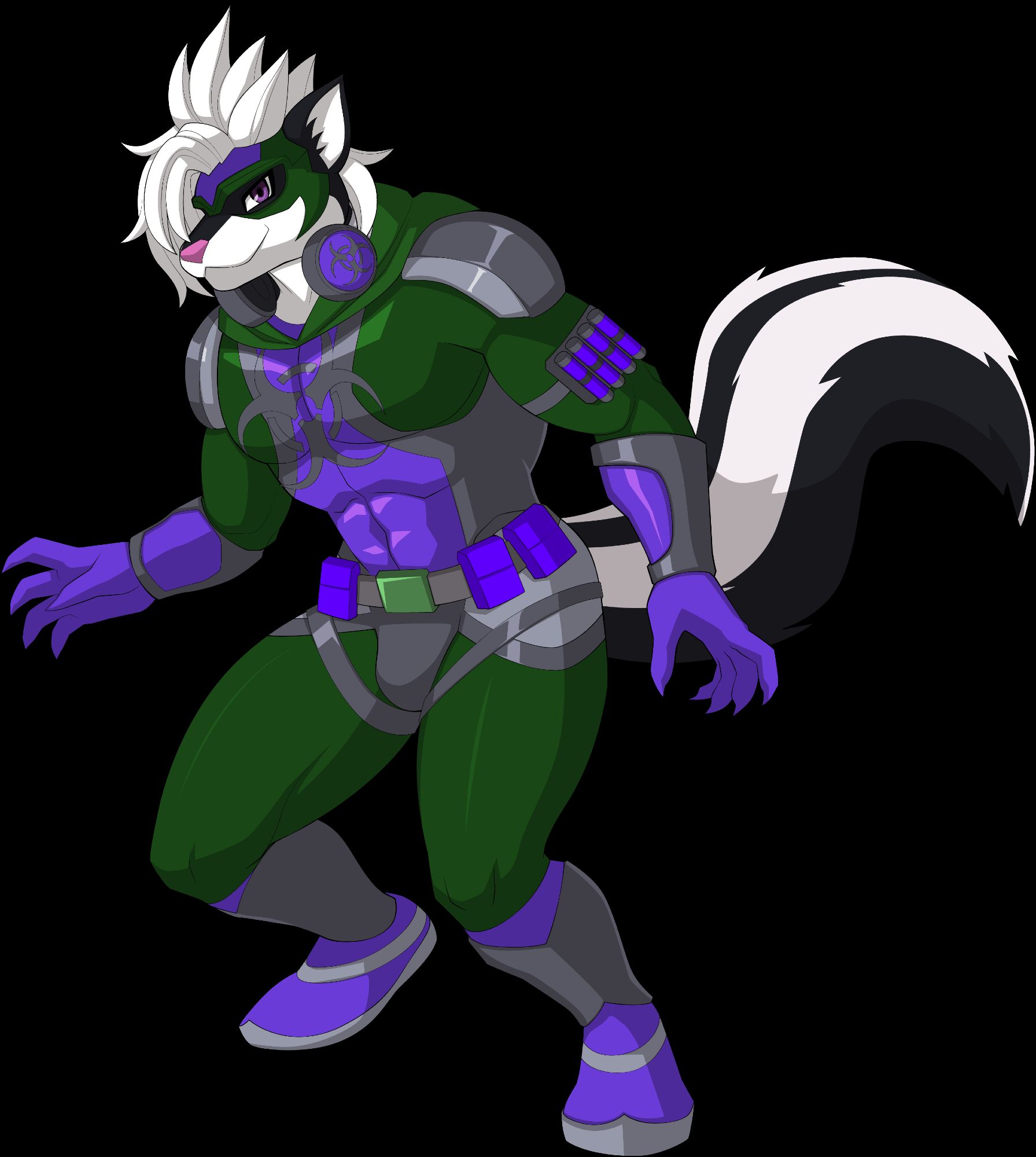 A male anthropomorphic skunk with black and white fur with a large white mohawk that goes over the right side of his face. He is wearing a dark green and purple costume with grey highlights and a bio-hazard emblem on the chest as he faces the screen with his claws out.