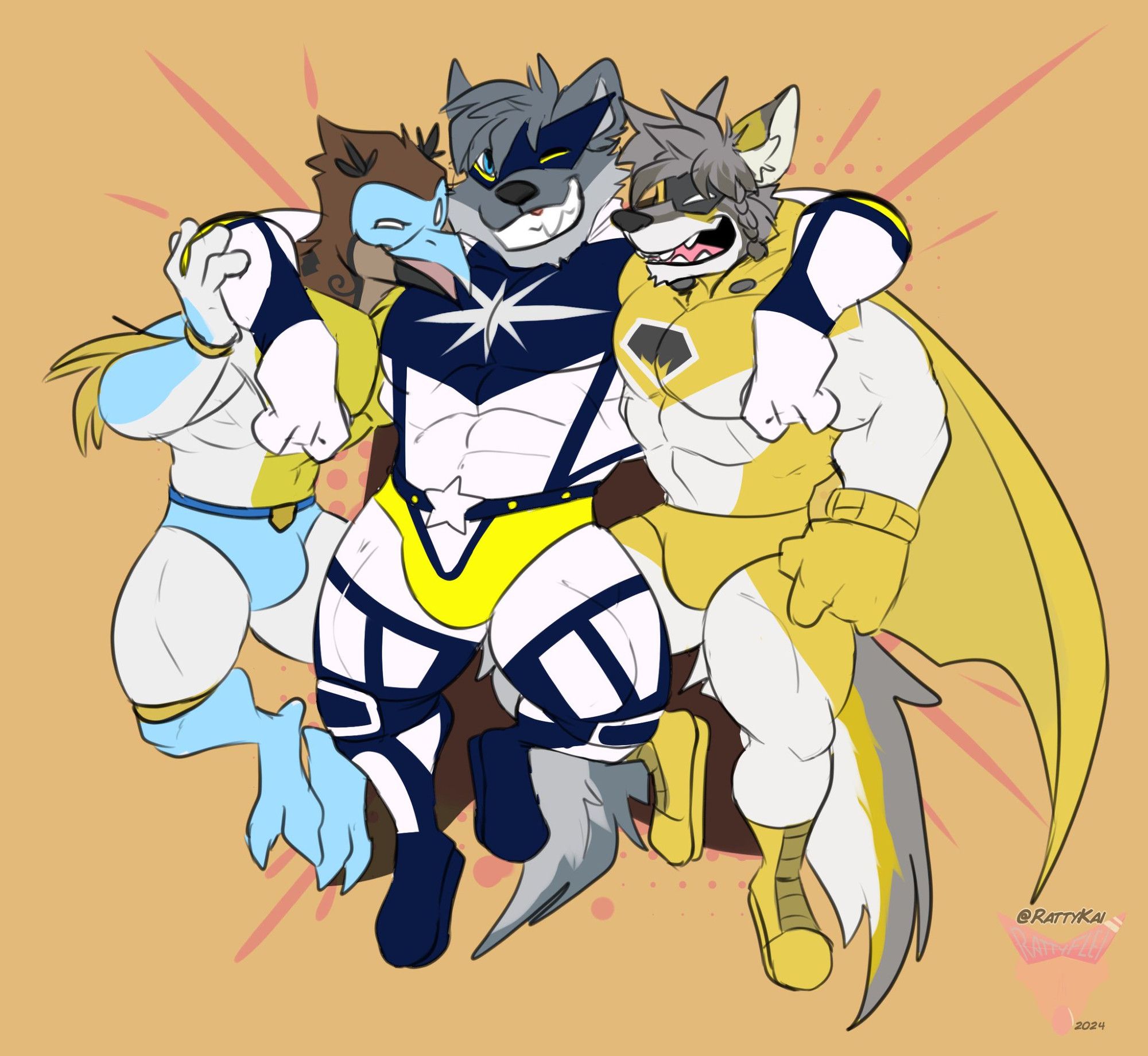 Three anthropomorphic characters in colorful superhero costumes. A brown avian wearing white, yellow, and light blue on the left. A silver wolf wearing dark blue, white, and yellow in the center. And a grey wolf with yellow highlights wearing yellow and white. The three of them are all smiling with their arms together in a hug.