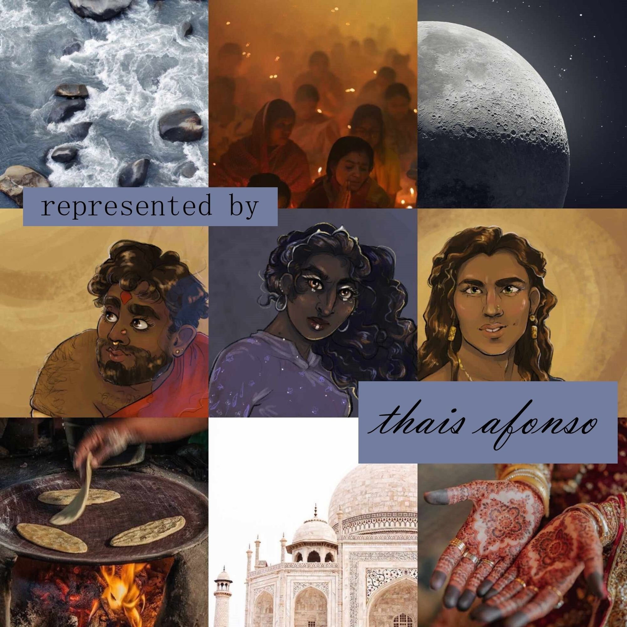 An aesthetic moodboard. Blue-grey, churning flood water running over rocks. A dimly lit crowd of praying worshippers with candles. A high definition image of the moon, half shadowed. Illustration of Thumin: a round-faced, dark-skinned South Asian man with facial piercings and a  curling beard. Illustration of Jhandra: a very dark-skinned Tamil woman with a strong nose and silver makeup on her eyes and bisecting her lip. Illustration of Veppam: a light skinned South Asian man with long hair, handsome cheekbones, and a lopsided smile. A simple hearth with a hot plate on top and a brown-skinned hand turning flatbreads. A white temple showing South Asian style architecture. A pair of hands with henna on the palms, rich gold and red colours filling the frame.