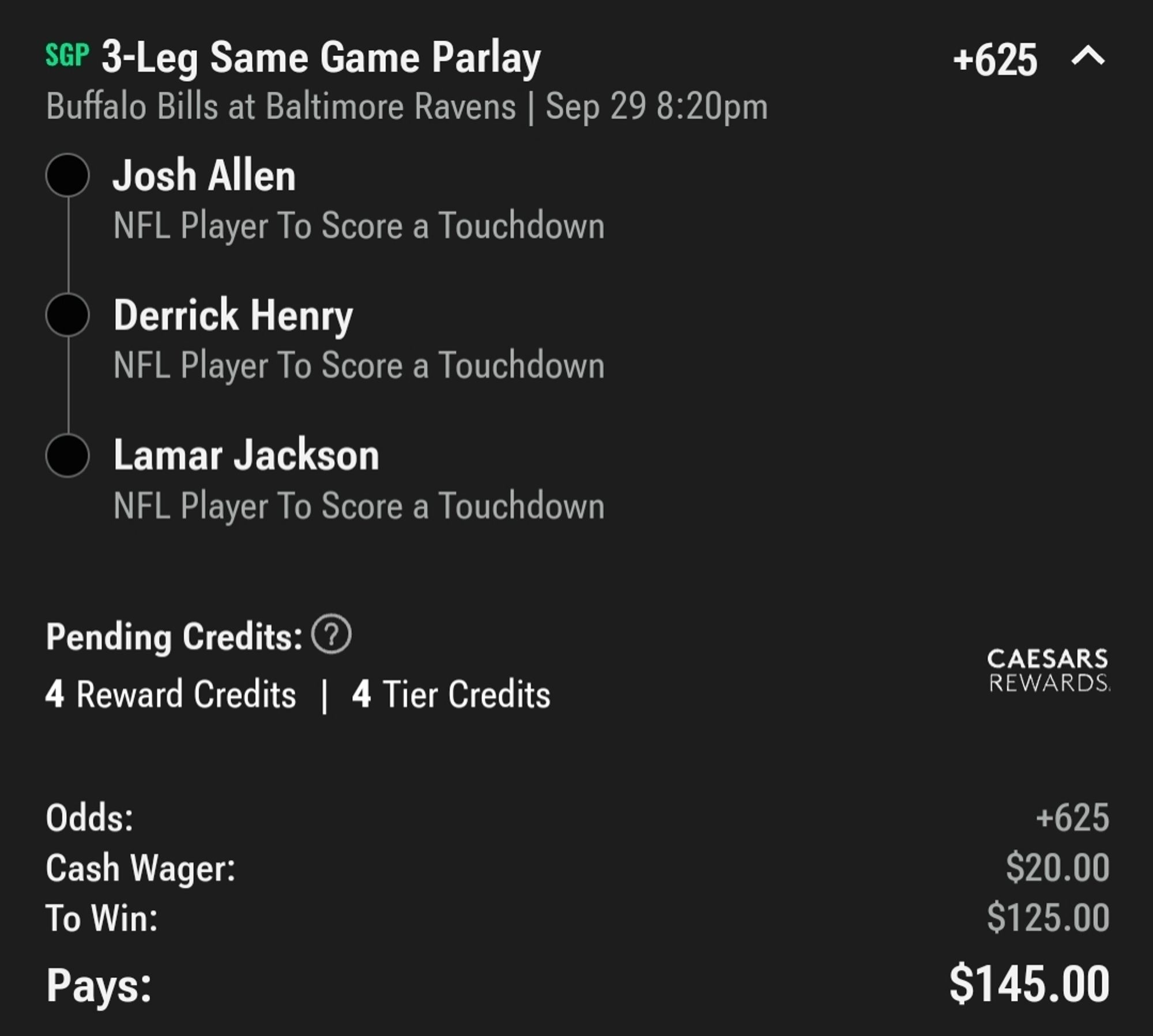 same game parlay where i bet $20 that josh, derrick, and lamar will all get tds. payout is $145