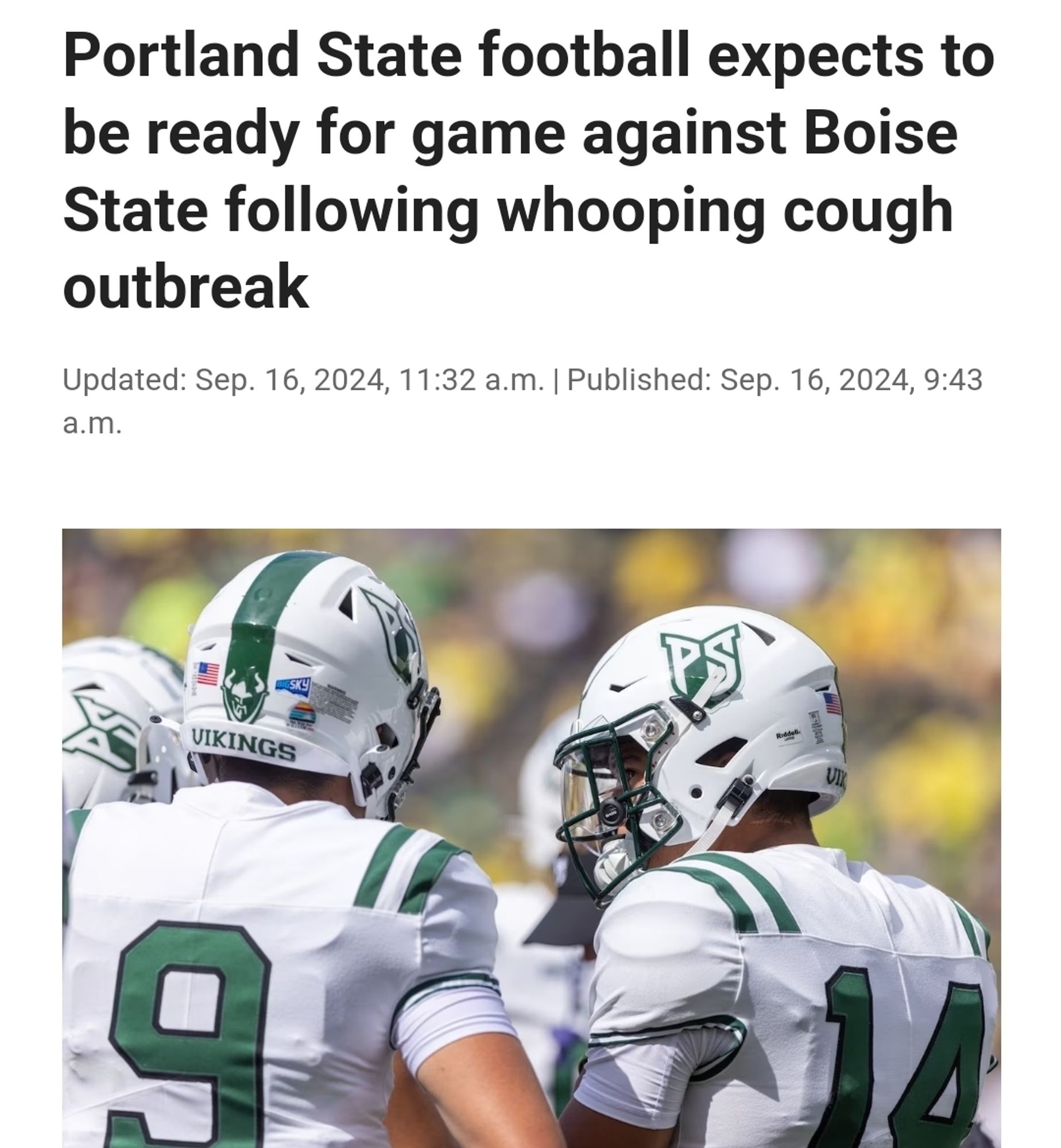 portland state football expected to be ready for game against boise state following whooping cough outbreak