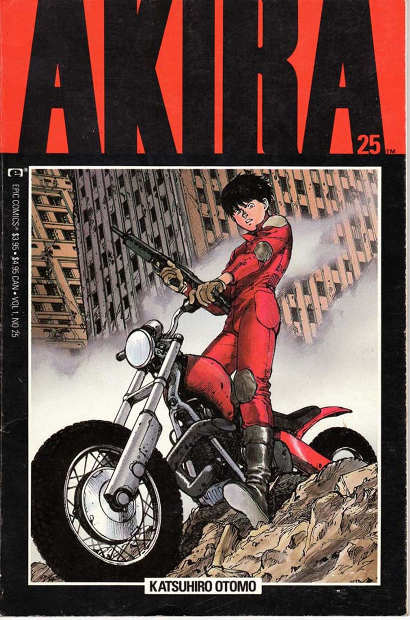 The cover of Akira by Katsuhiro Otomo, showing main character Kaneda in a red jumpsuit on a motorcycle