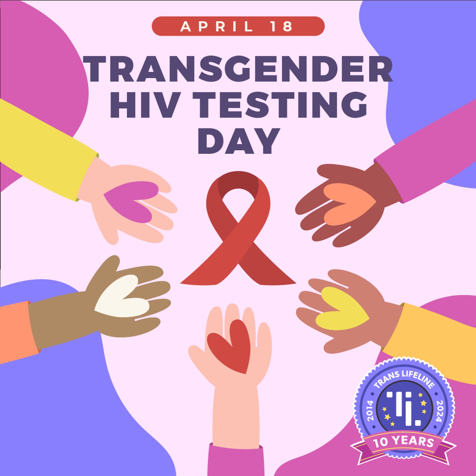 An illustration for Transgender HIV Testing Day, held on April 18. It features five hands holding a heart, each with a different skin tone, reaching towards a red ribbon. The ribbon is a symbol of awareness and support for people living with HIV/AIDS. The image also includes a graphic celebrating Trans Lifeline’s 10 Years.