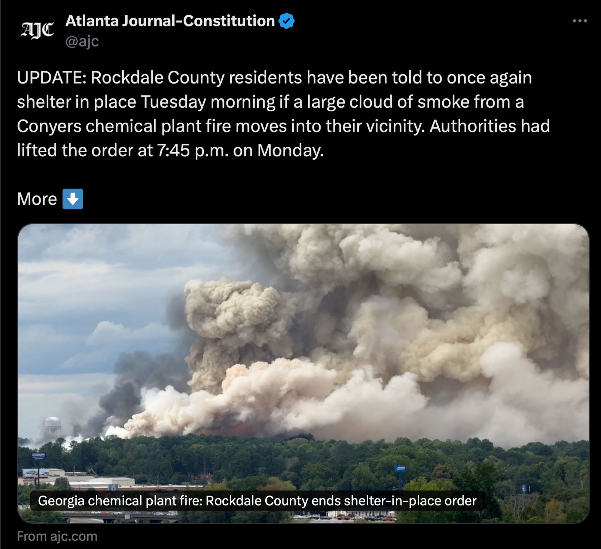 A Headline Article from the Atlanta Journal-Constitution on Xitter, with an update on the meager guidance given to the people over the major chemical incident in Atlanta.

UPDATE: Rockdale County residents have been told to once again shelter in place Tuesday morning if a large cloud of smoke from a Conyers chemical plant fire moves into their vicinity. Authorities had lifted the order at 7:45 p.m. on Monday.

Under this is an image of a plume that would have me preferring to wear a full hazmat suit if I were within a kilometer of it.