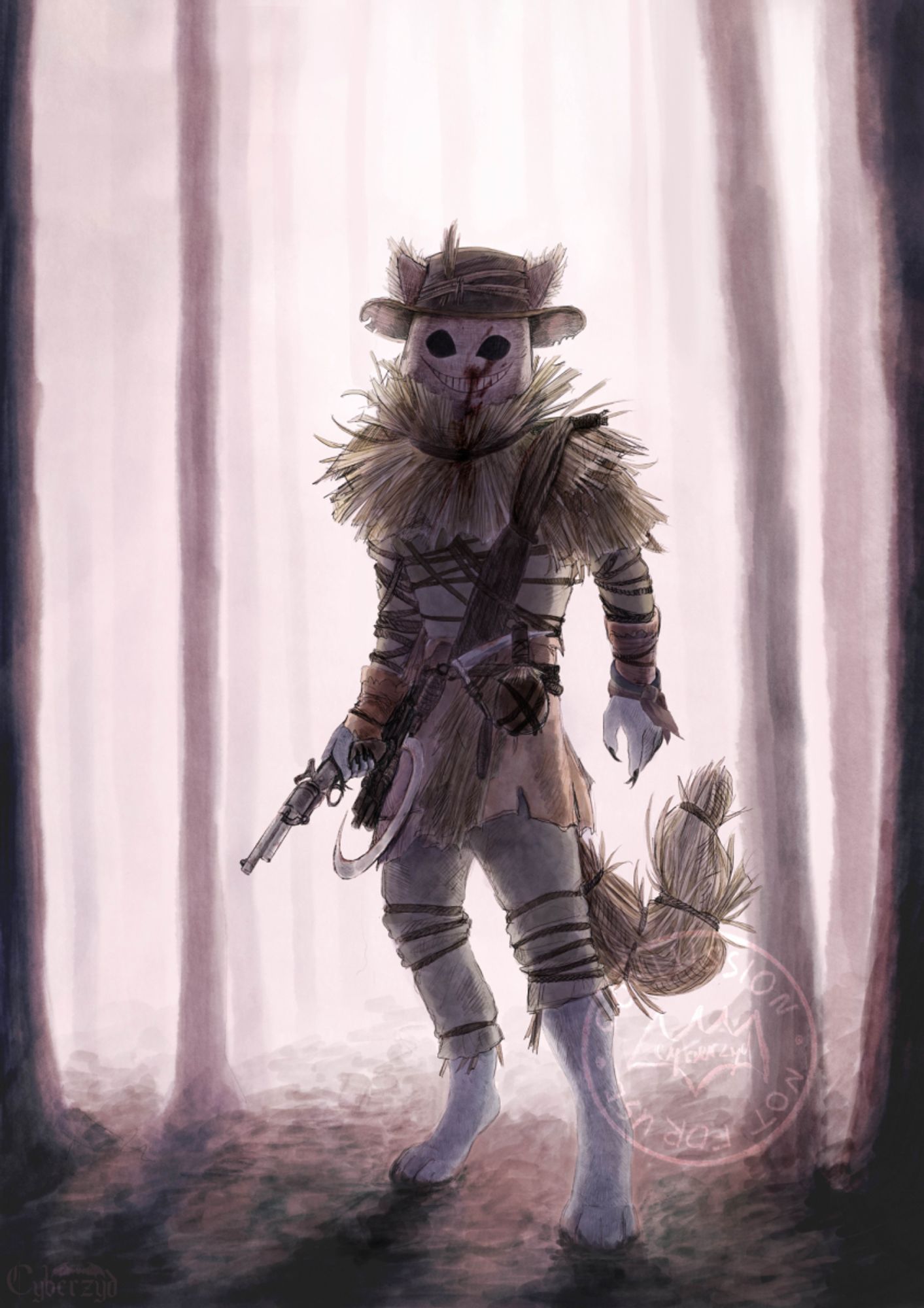 furry cat dressed like scarecrow