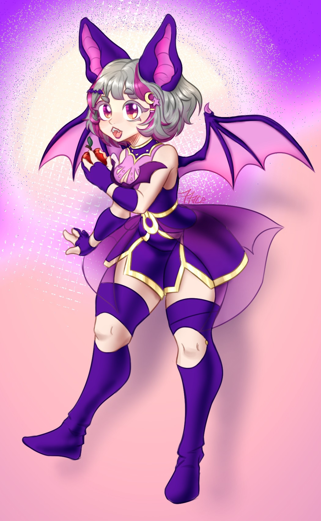 older version of Anyu, a Bat girl Kemomimi VTuber, caught eating an apple. Anyu has Purple bat ears and wings with pink interior sides, fair skin, purple-pinkish eyes with orange highlights and gray hair with purple streaks framing her face. She's wearing a fancy purple sleeveless short jumpsuit with gold highlights going around her waist and down and around her neck with a bat-like image over her chest, Purple half-fingerless gloves with textile bracelets, Purple thigh high boots with the knees cut out and a purple transparent skirt-like cloth over the short jumpsuit. On her hair there are a set of hairpins: a purple bat on her right side and a crescent moon over a star plus two rectangular pins on her left side.