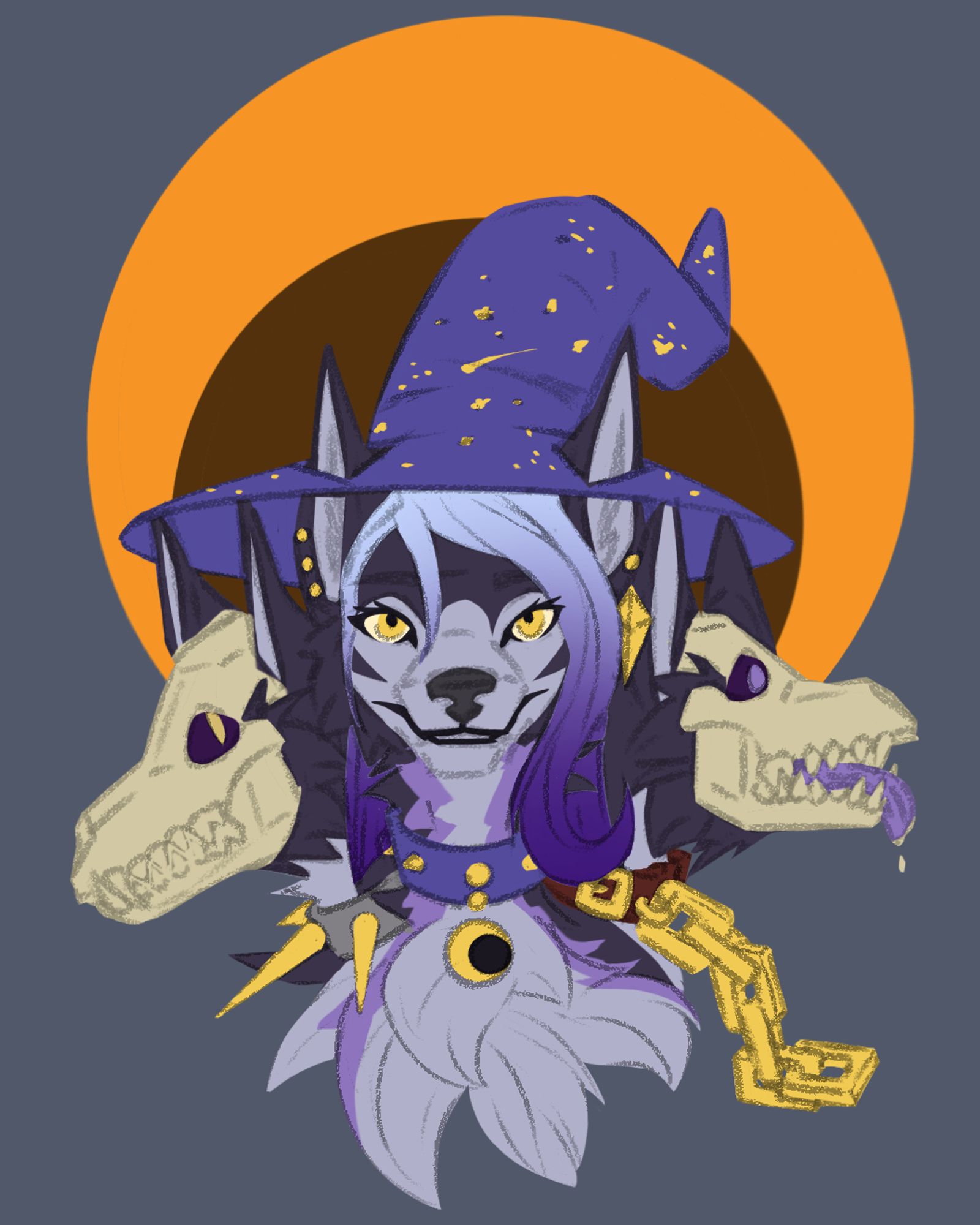 Cerberus Rin! A three headed canine with two skull heads. Each head gets its own collar while the center head sports a celestial witch hat.  The character is in front of a downward facing crescent moon.