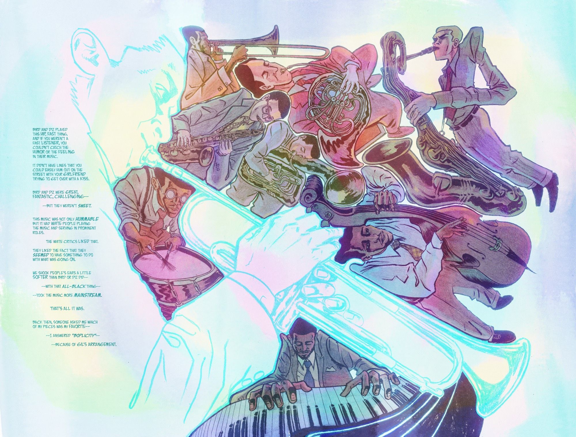 A double-page spread depicting the philosophy of the sound of the arrangements for this group: every instrument and orchestration was designed to fit around and showcase Miles' unique trumpet sound.