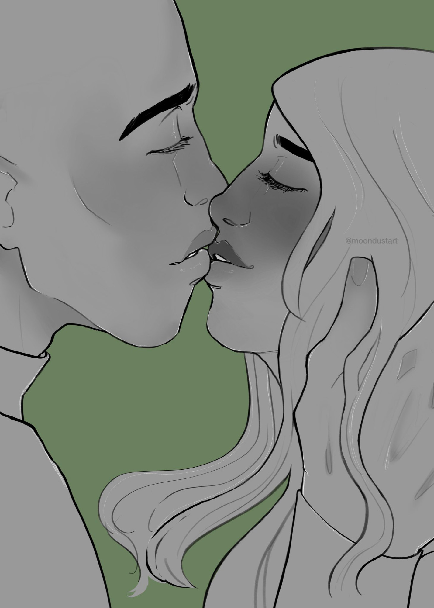 Solas and my Inquisitor share a soft peck on the lips in front of a pale green background. Solas has his hand in the Inquisitor's hair.