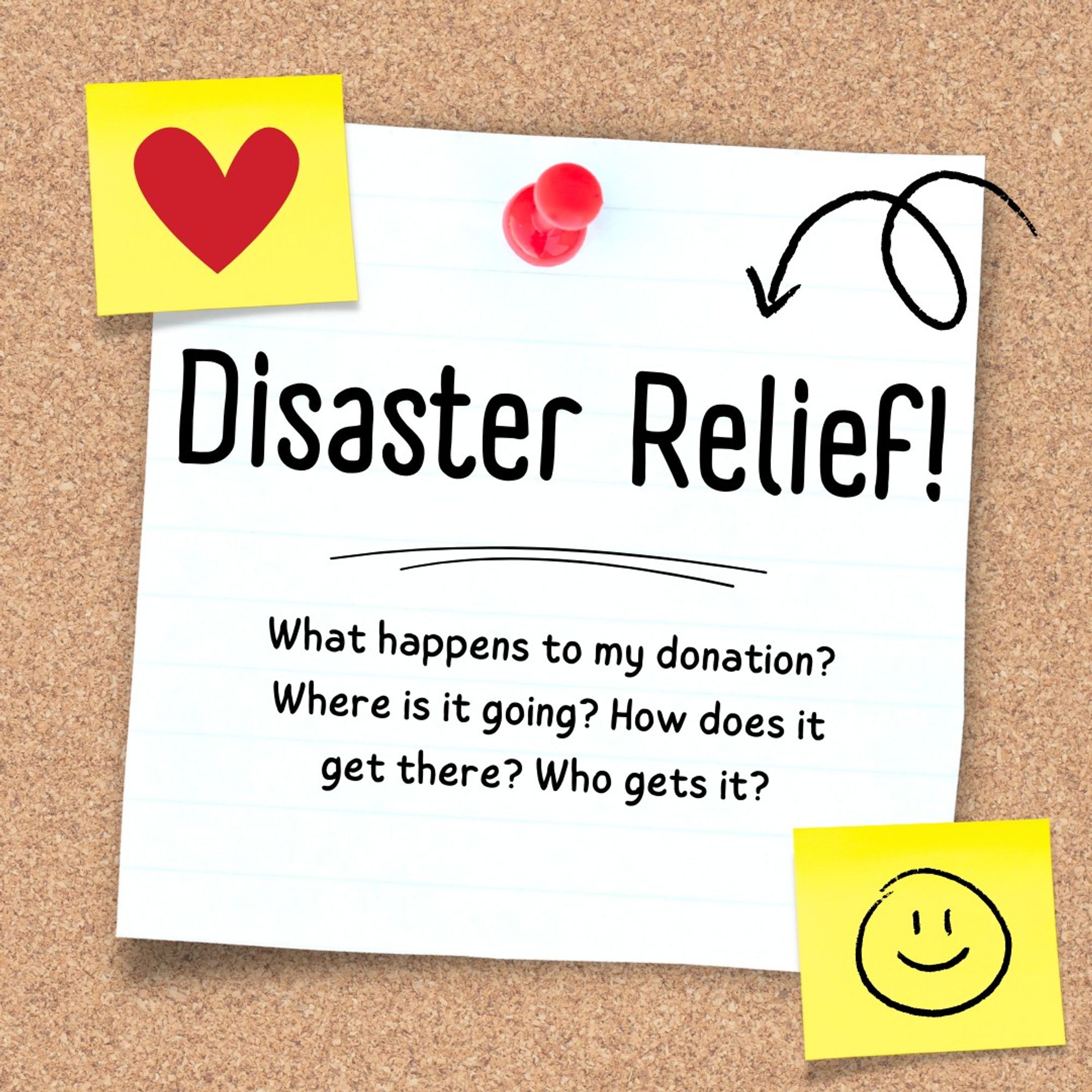 corkboard styled image with a pinned note reading "Disaster Relief! What happens to my donation? Where is it going? How does it get there? Who gets it?" with sticky notes on the side.