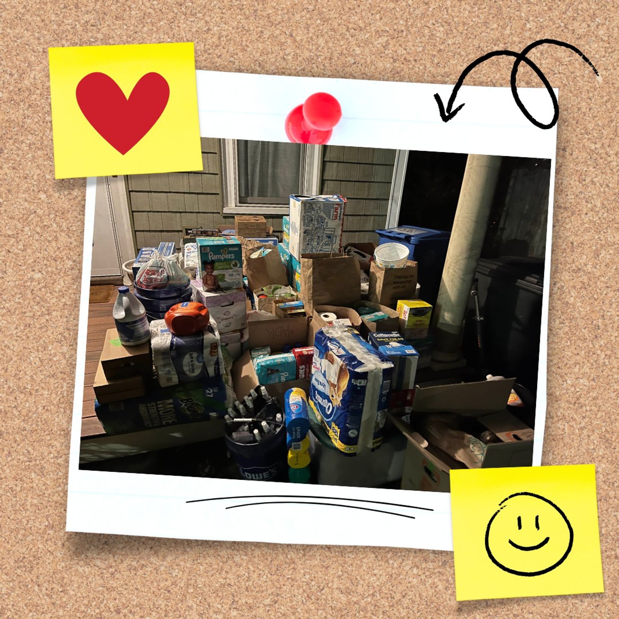 A photo taken of the supplies gathered in NH, piled high on a porch.