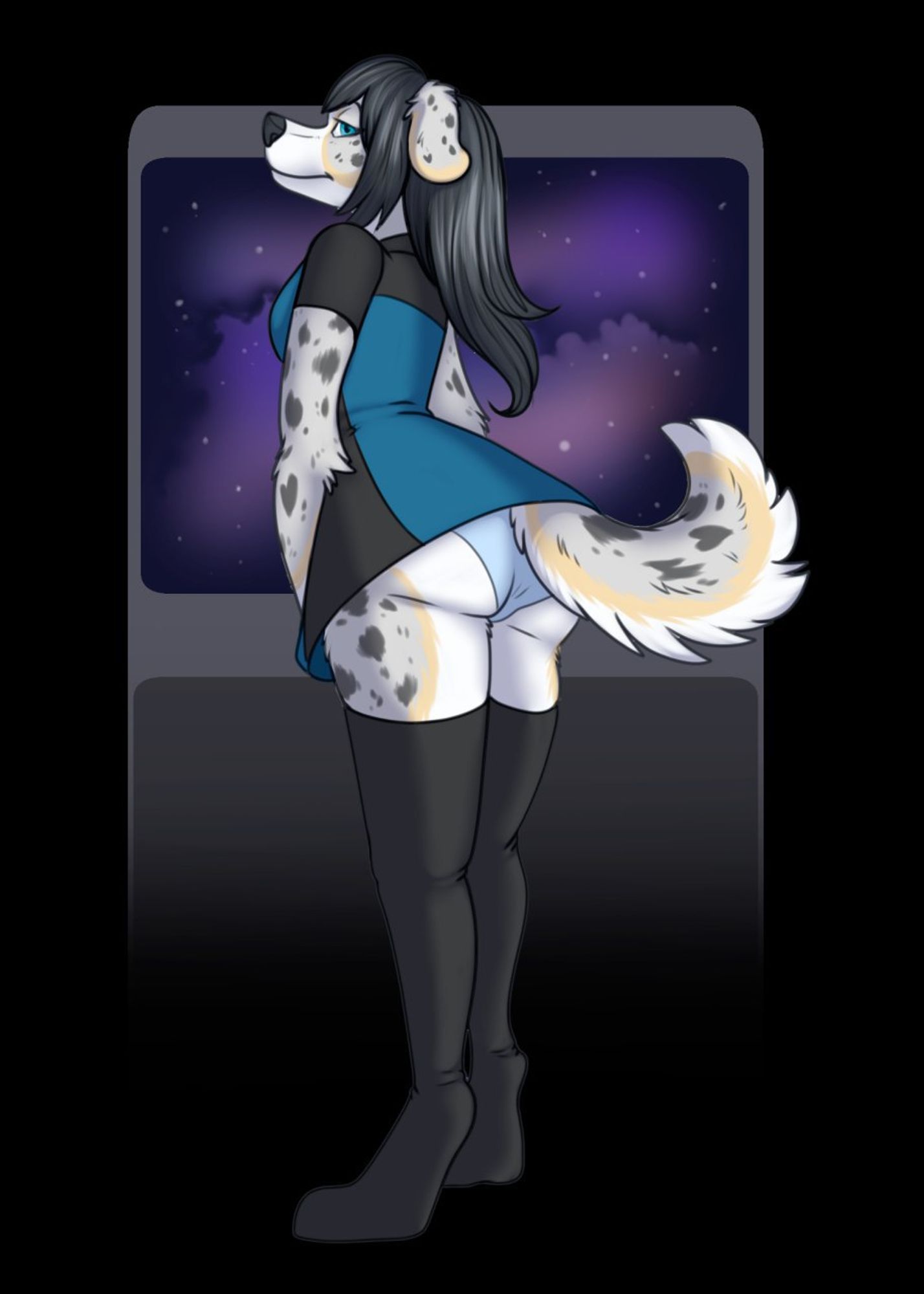 Toccata, an anthro Australian shepherd, stands in front of a backdrop with a view of space. She wears a Starfleet operations skant uniform from Star Trek: The Next Generation. She bends forward a bit, revealing her panties.