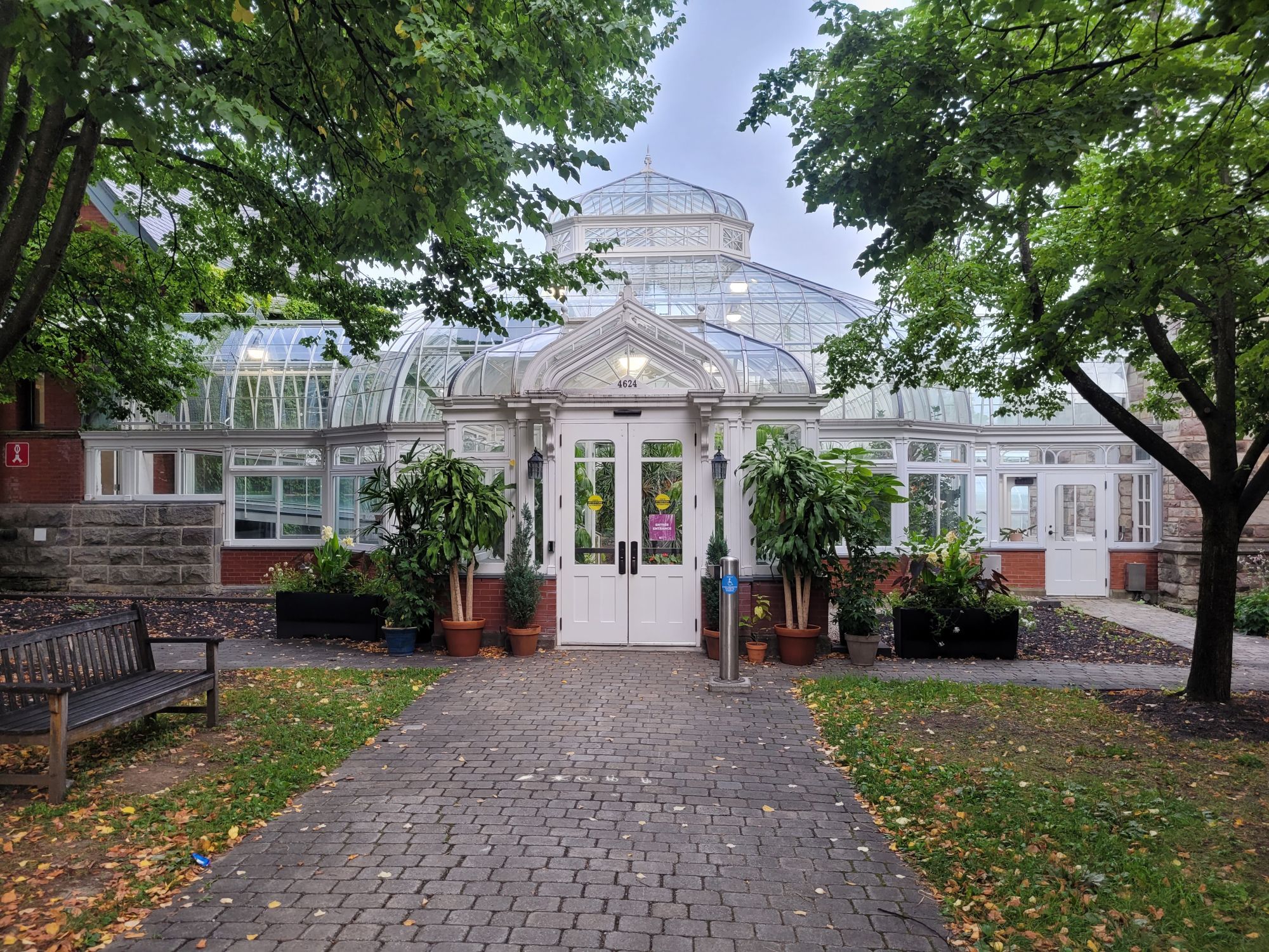 Rue Sherbrooke entrance to the Westmount Public Library greenhouse.