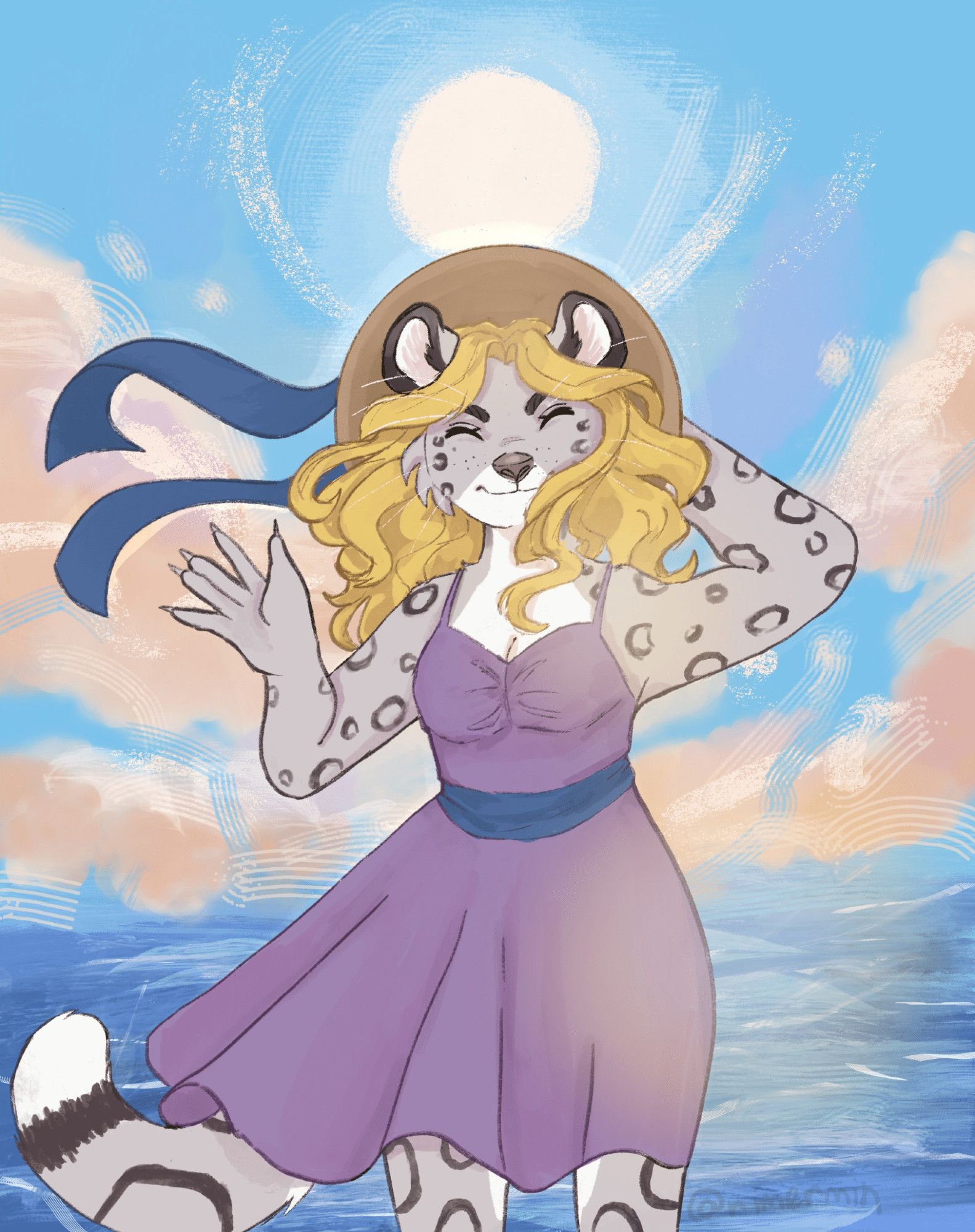 Alex, an anthro snow leopard, stands in front of a clouded blue sky and a blue sea. She waves towards the viewer. She wears a sunhat with blue ribbon and a purple dress with blue sash, both stirred up by a breeze.