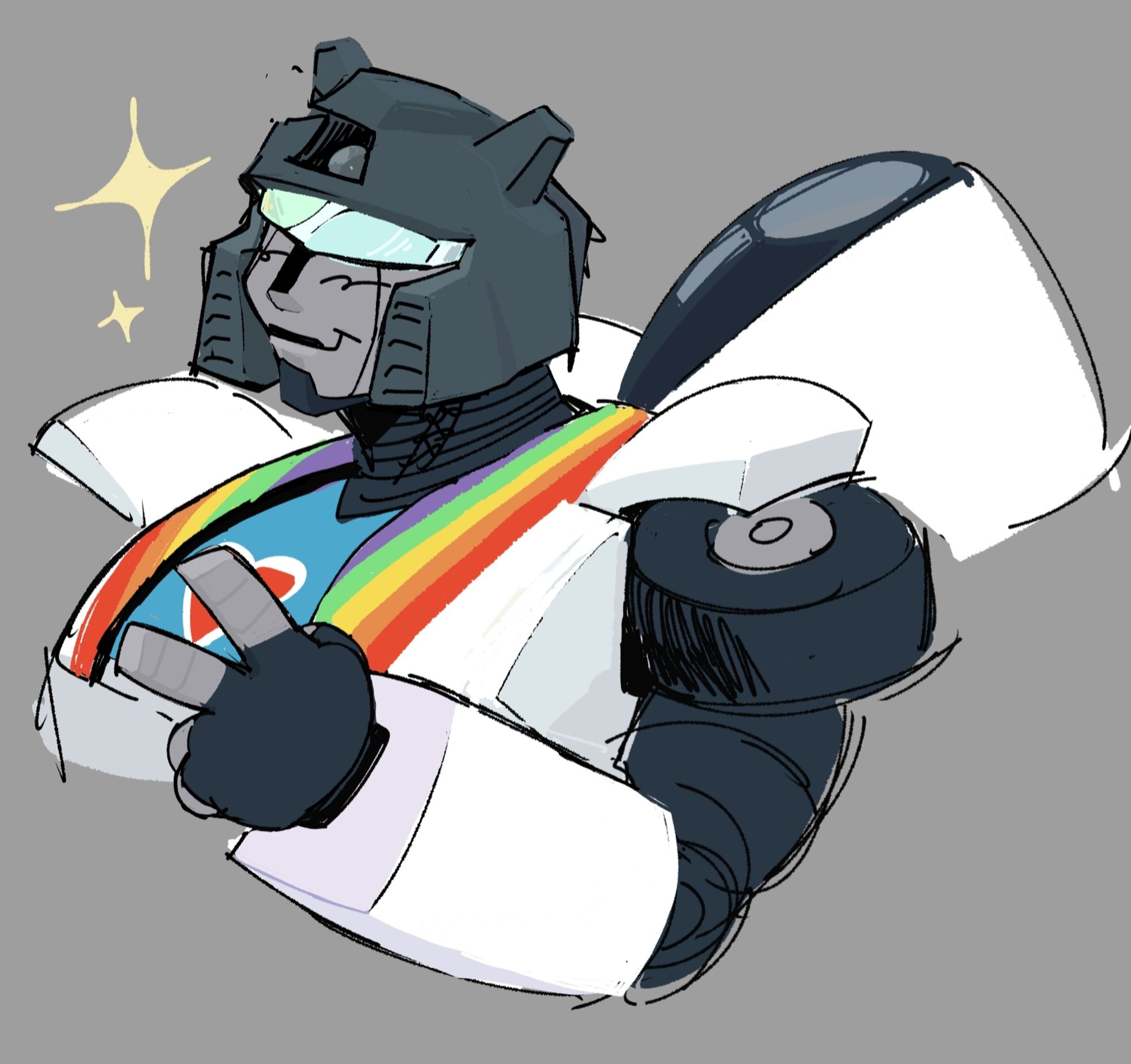 jazz smiling and holding up two fingers in a peace sign. he's got rainbow stripes on his hood instead of the usual blue and red, but with a light blue stripe in the middle. there are sparkles by his face.