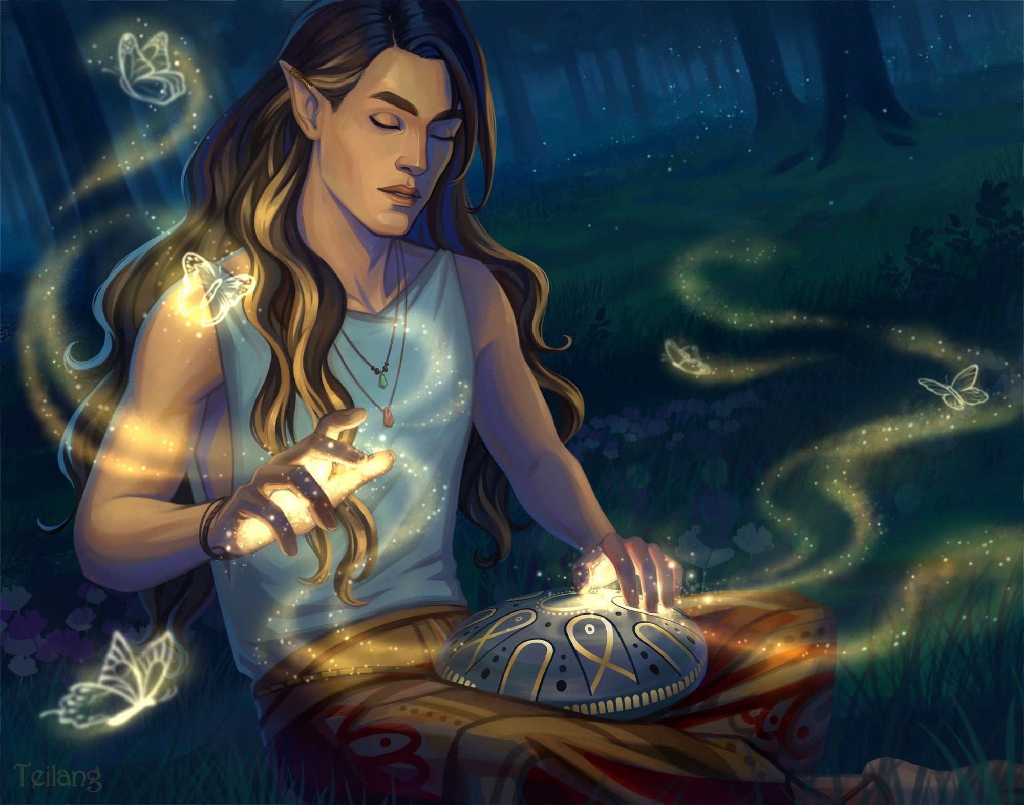 A half-elf with long hair sits in a clearing against the backdrop of a night forest. He plays a steel tongue drum and light with illusory butterflies bursts out from under his hands.