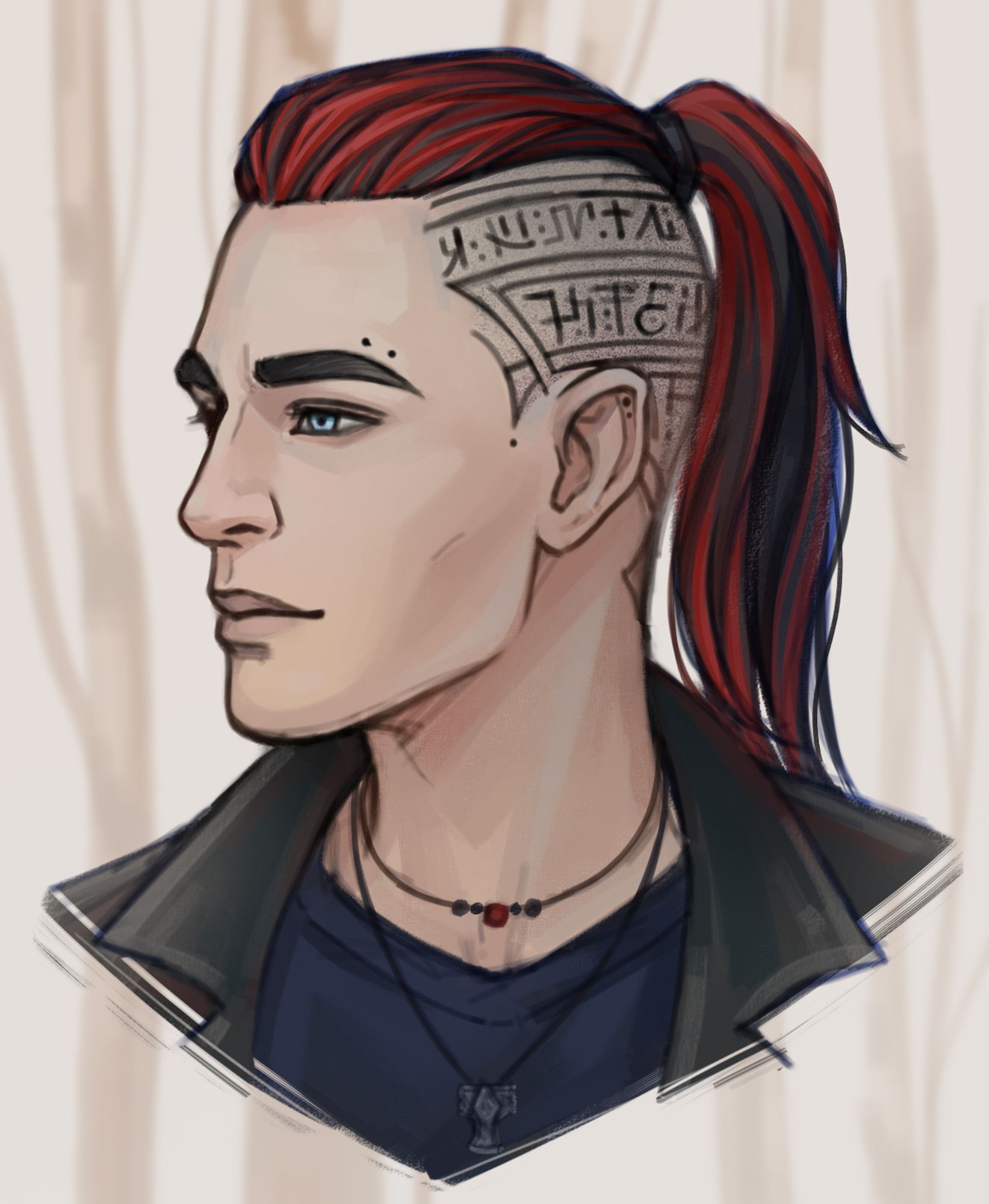 Portrait of a young man with shaved temples on which runes are tattooed. He is a versatile and very talented mage. Red colors dominate his image.