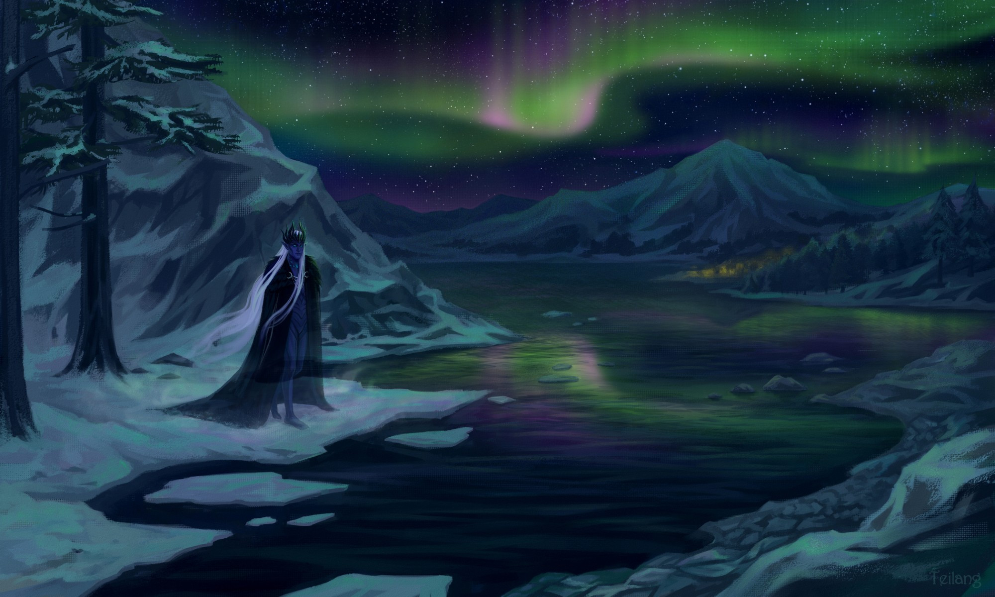 Winter landscape. Night with northern lights, river, ice, snow and rocks. A character in dark clothes stands on the shore looking at the surroundings. In the distance, the light of a distant settlement is visible.