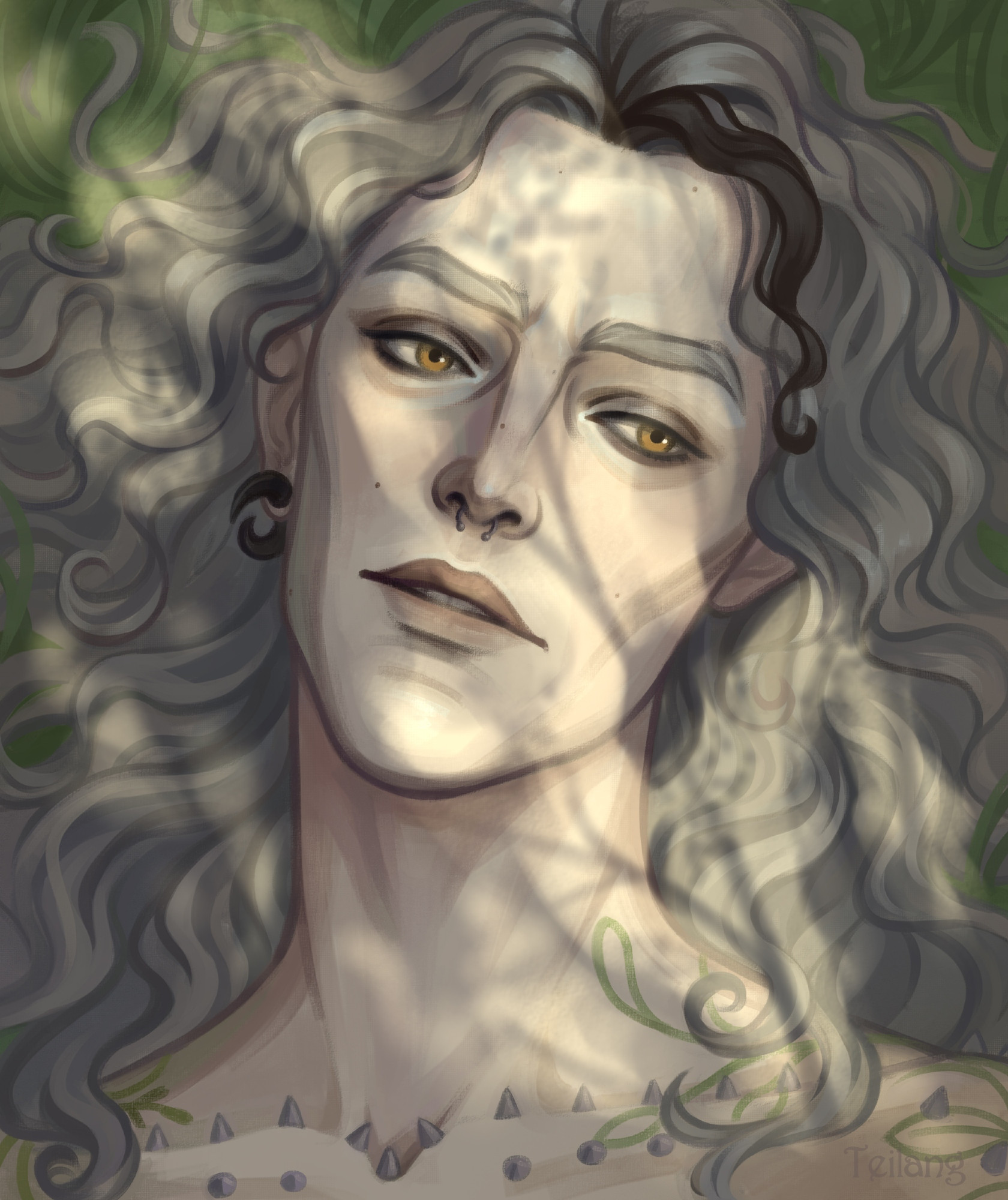 Portrait of a yellow-eyed guy with light wavy hair and one dark strand. Contrast version.
Art for SAUVAN