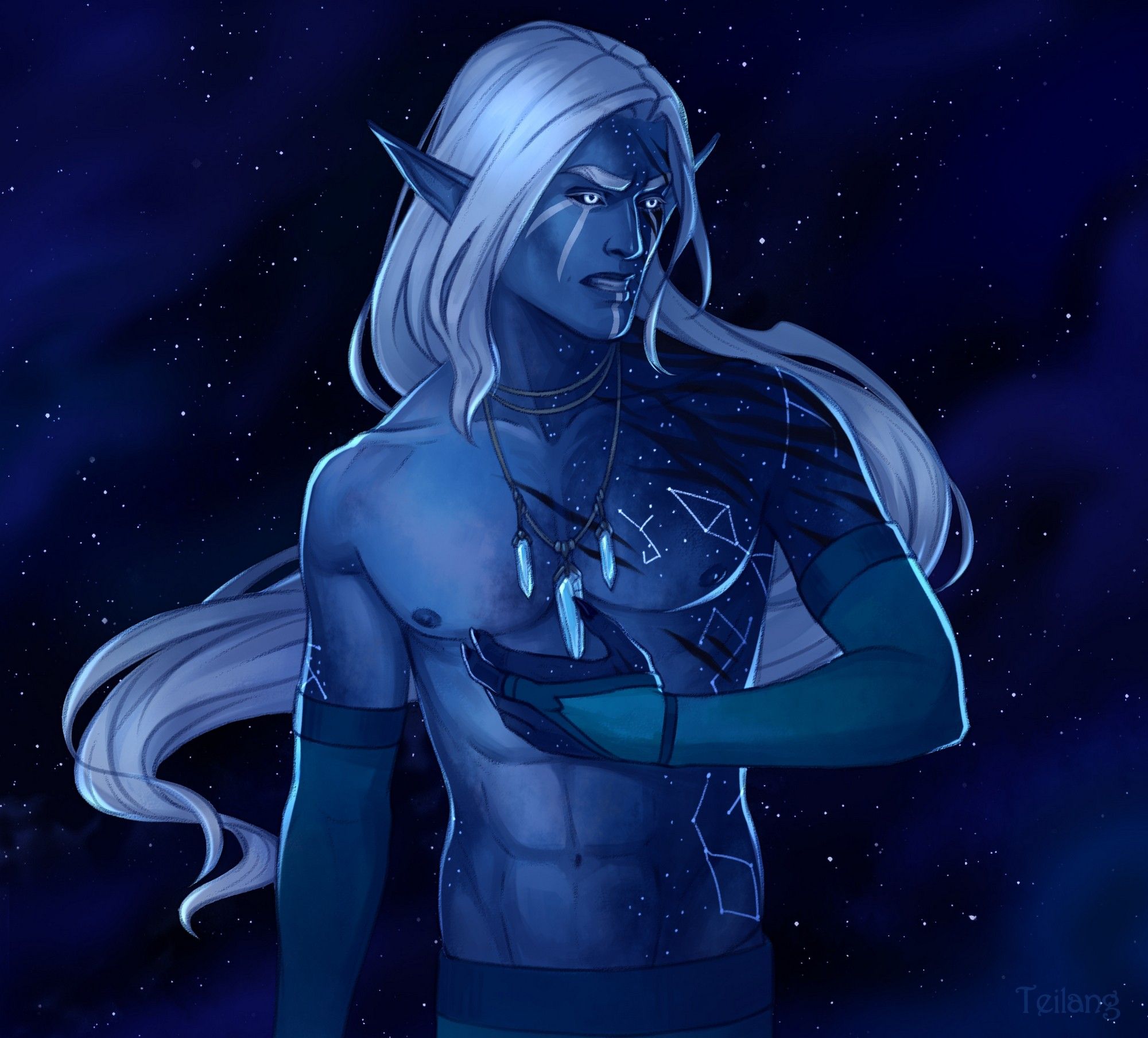 Halfbody art, a male elf with white hair and skin the color of the night sky. Constellations and black scars (like scratches from large claws) are visible on his body. He has a necklace with three blue crystals on his neck and he's pretty angry!