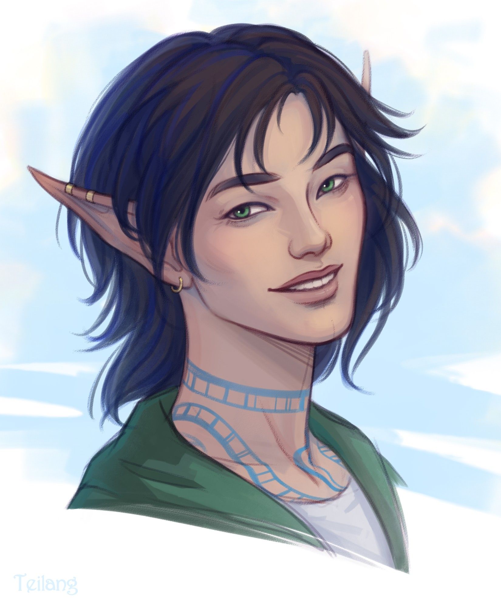 Sketch portrait of a smiling elf