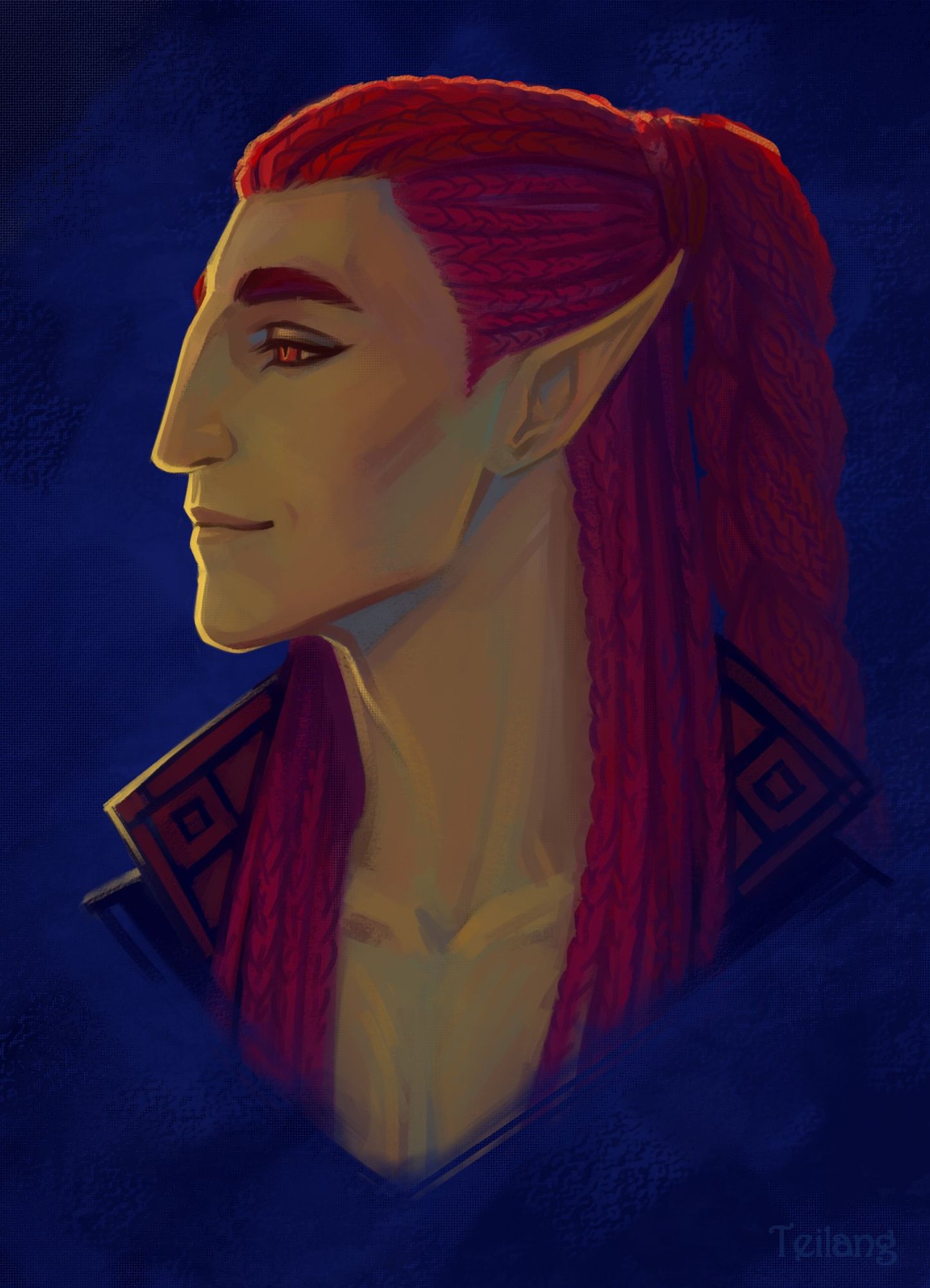 Portrait of a red-haired elf. Art for Shaan