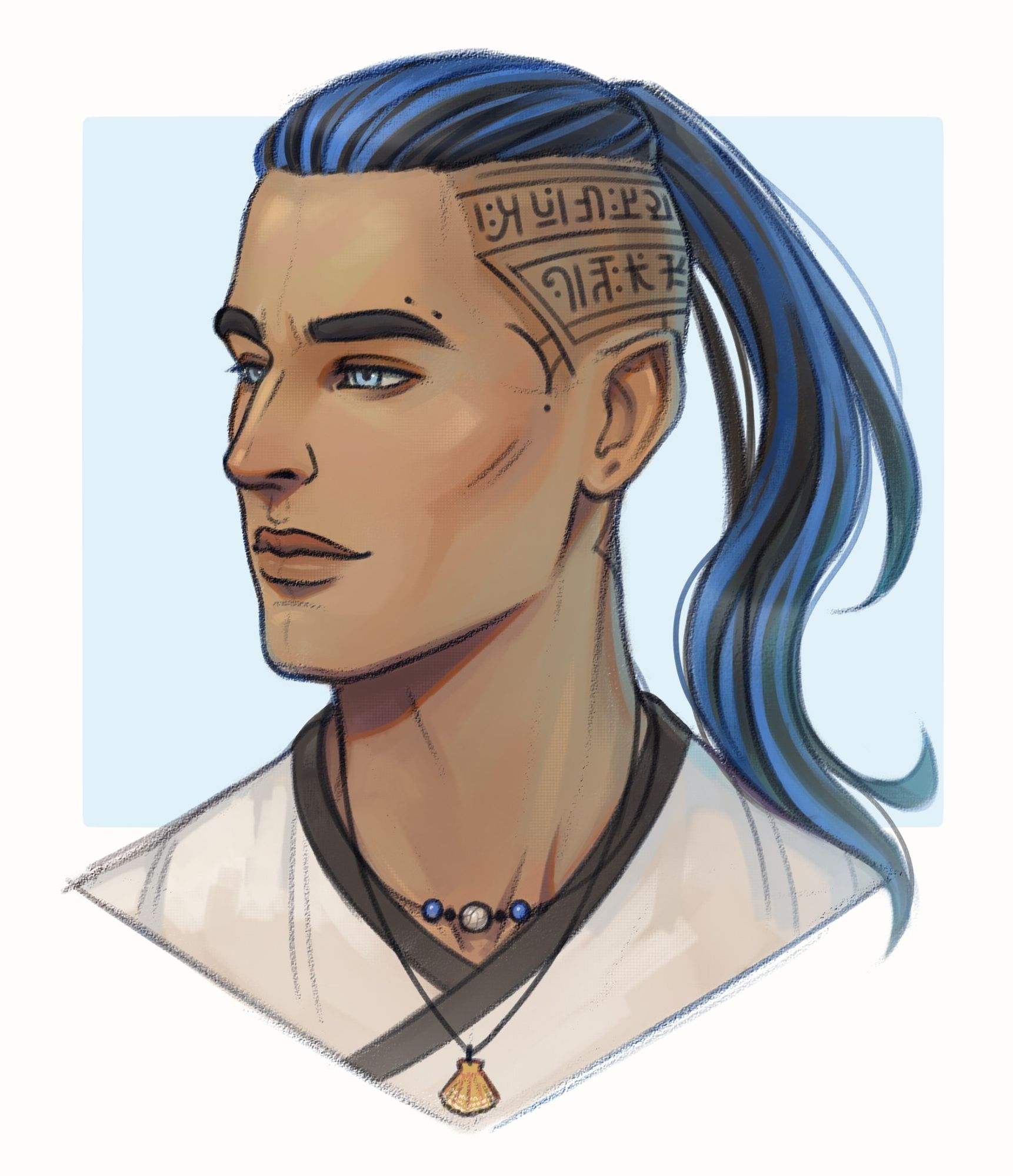 Portrait of a young man with shaved temples on which runes are tattooed. He is a versatile and very talented mage. Blue colors dominate his image.