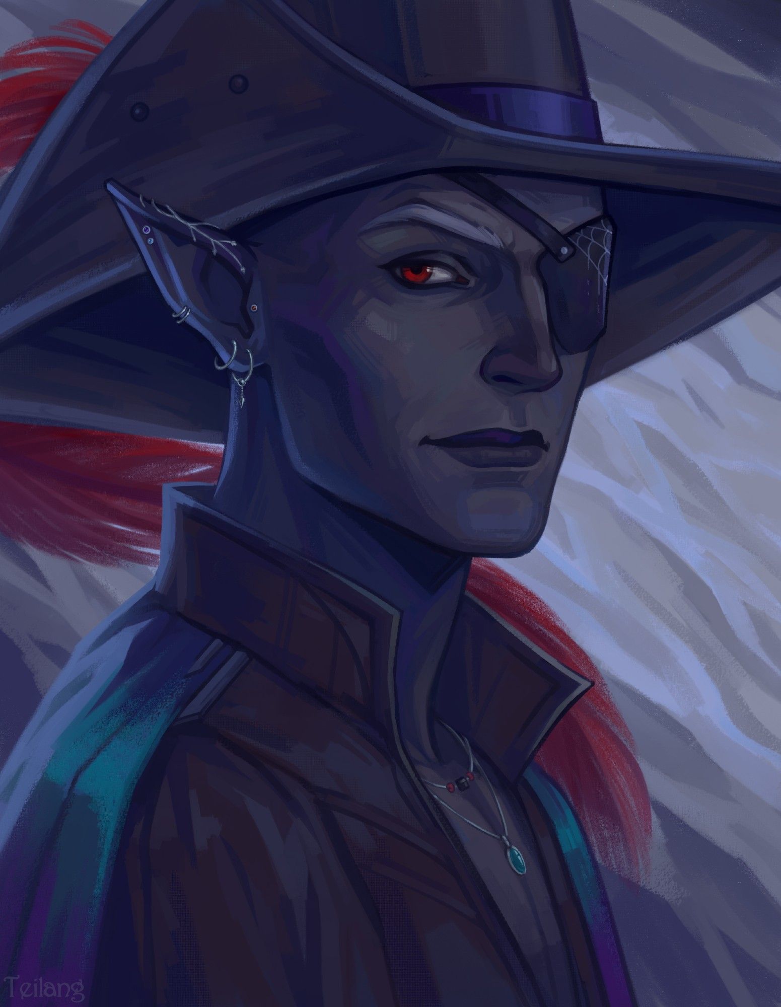 Portrait of a dark elf wearing a hat and an eye patch.