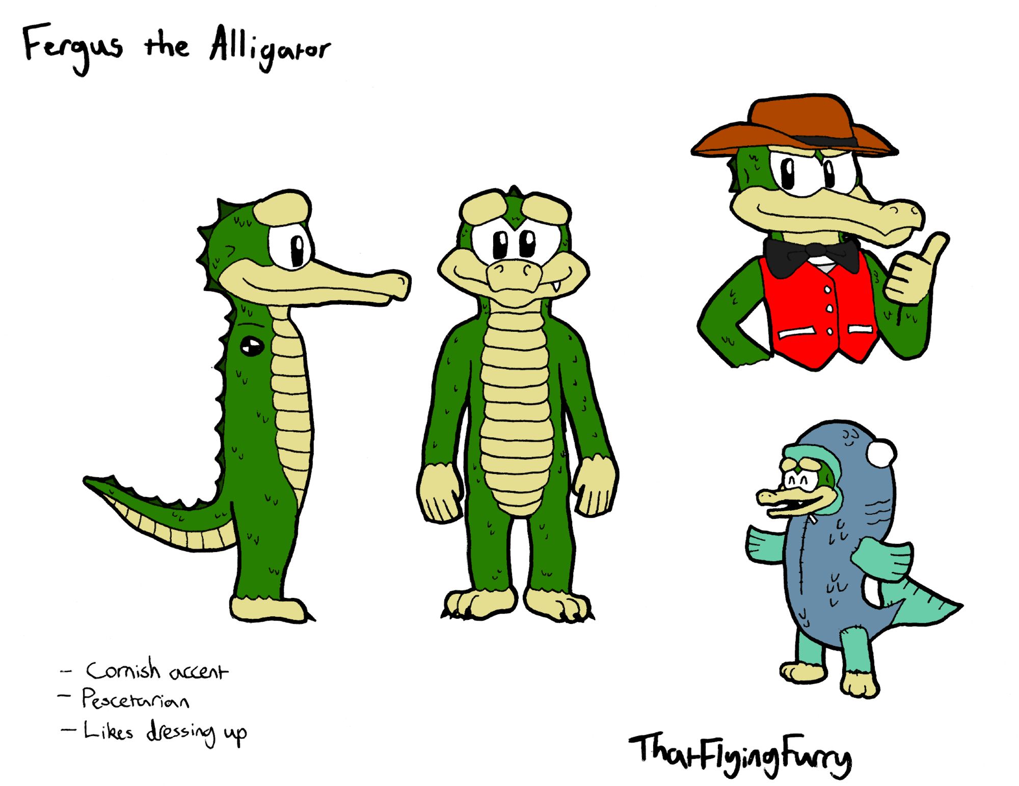 A green alligator called Fergus. He has a mono-eye like Sonic. There are also images of him in a waistcoat and cowboy hat, and in a fish costume. He has a couple of facts about him on the sheet: he is a pescetarian, he likes to dress up, and he has a cornish accent. The last one is absolutely vital to his character.