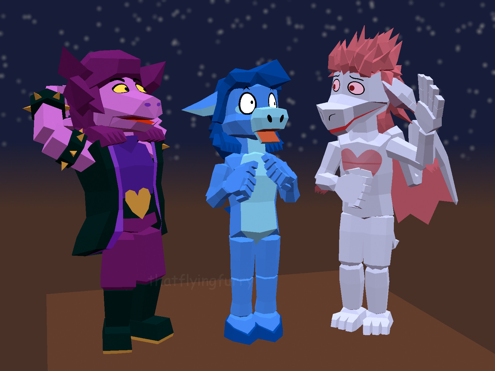 Susie from Deltarune and Foam from Six Legends standing around Cornflower, my blue donkey fursona.
Susie's got her hands behind her head with a smile, and Foam's awkwardly waving at Cornflower, who is looking directly at him with a wide-eyed expression.
They're standing on a light brown square polygon. The background is a brown gradient that goes into a dark blue night sky.