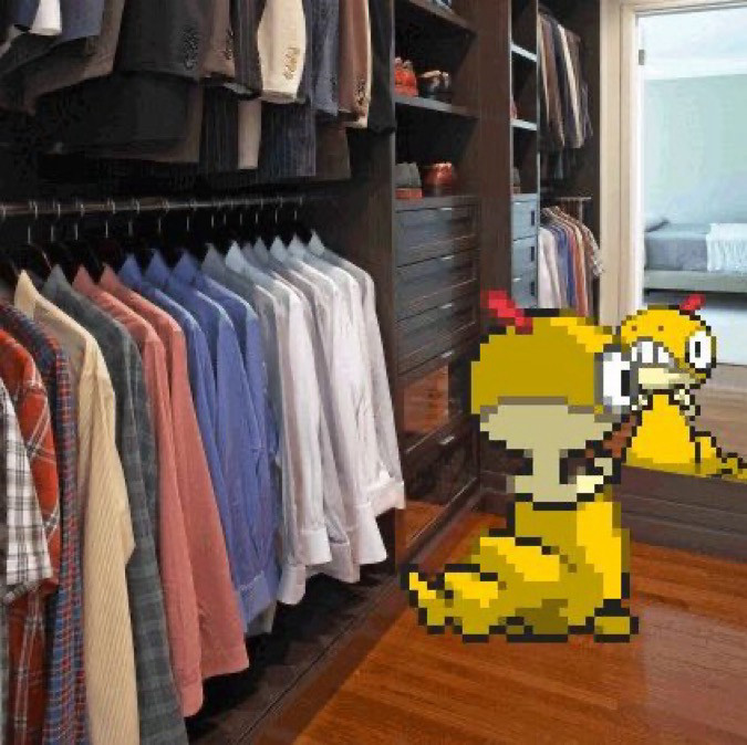 Picture of a scraggy sprite trying on pants in a fitting room 