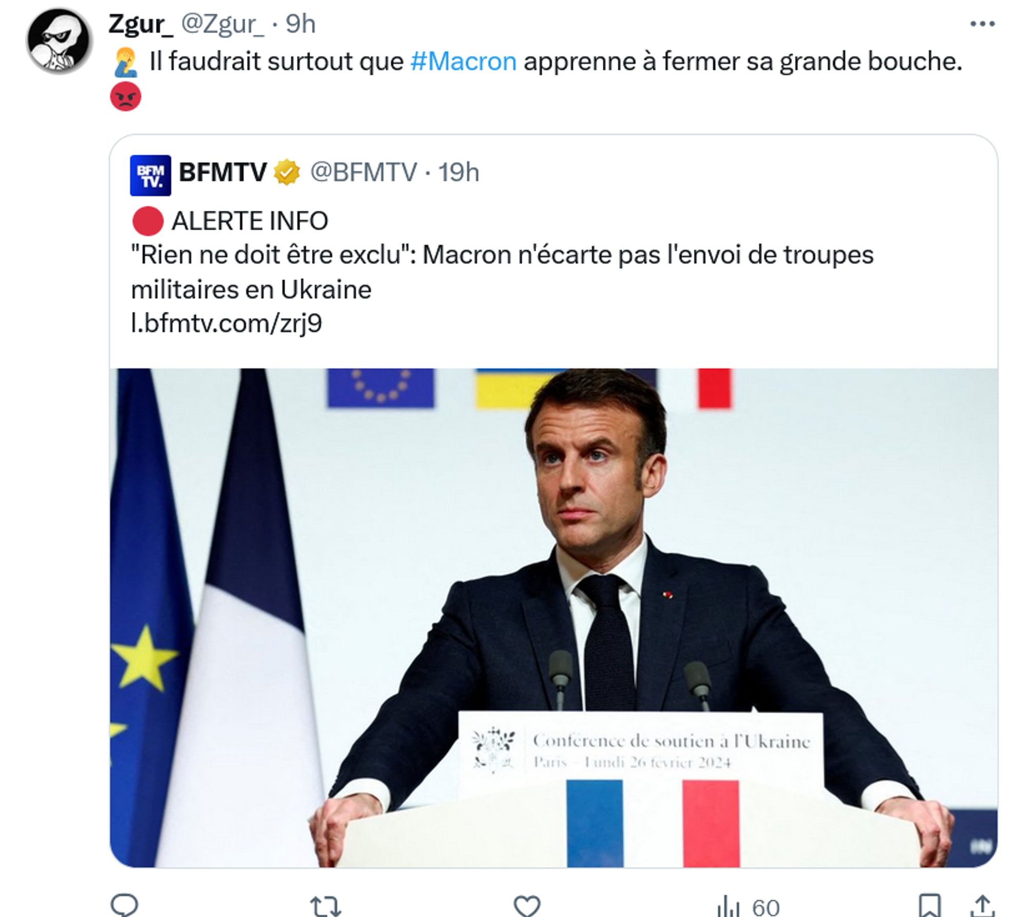 Tweet "il faudrait surtout que Macron apprenne à fermer sa grande bouche."