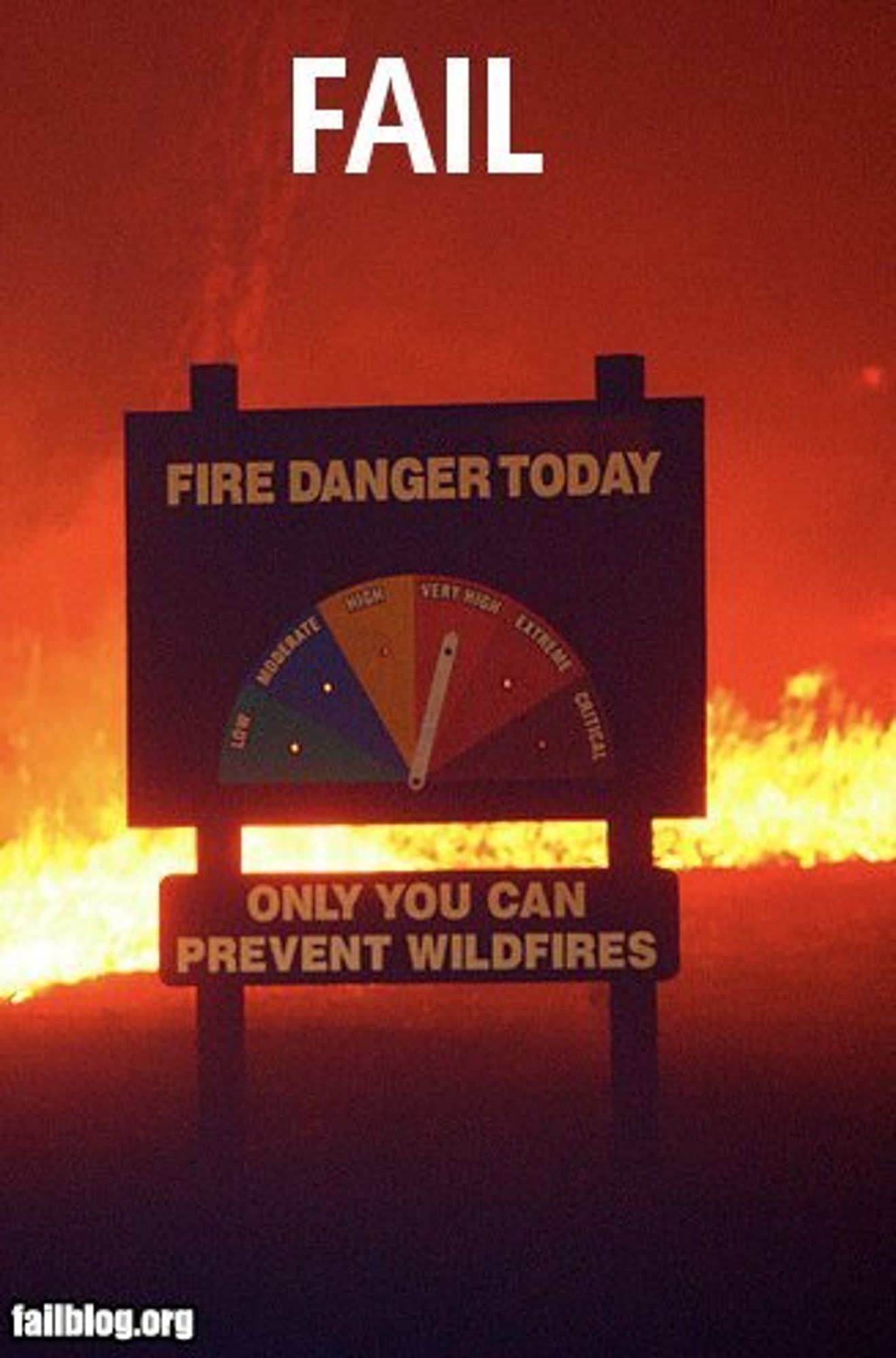 FAIL ! L'incendie est au pied du panneau "Fire danger today" "Only you can prevent wildfire" qui a l'aiguille sur "Very high"