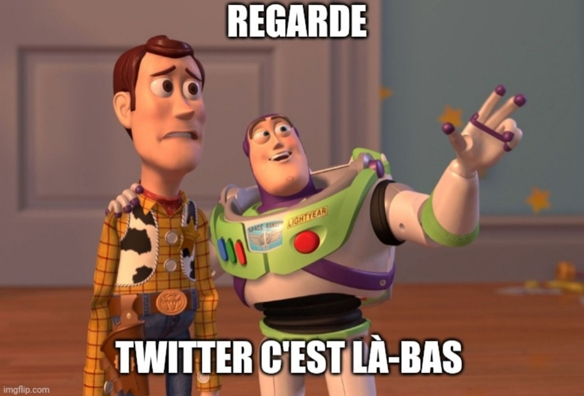 "Regarde. Twitter, c'est par là !" dit Buzz  à Woody.