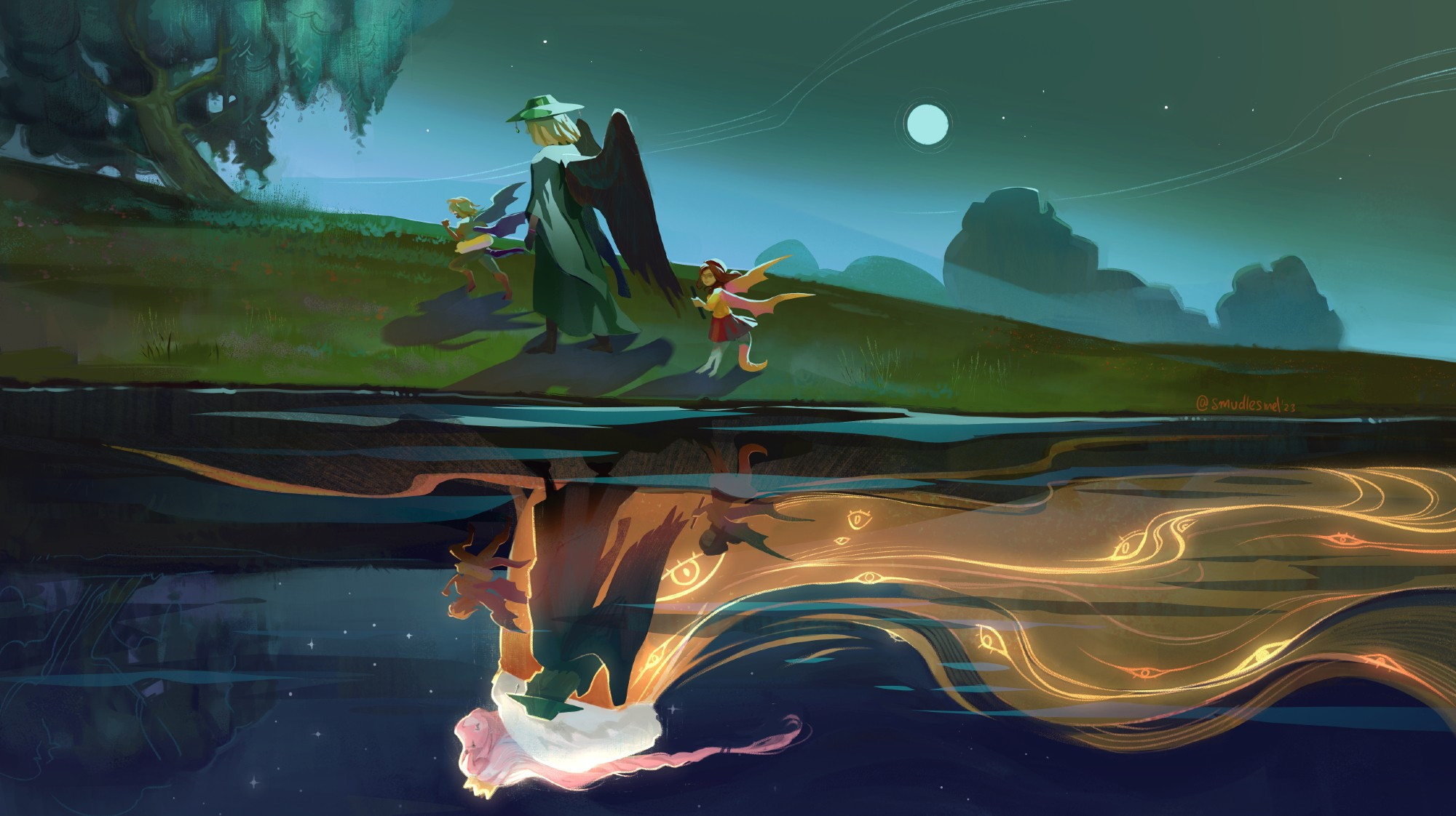 a riverbank at night, with figures of Philza, Chayanne and Talullah, with the reflection in the water down below, where there is a bright figure of Technoblade walking beside them.