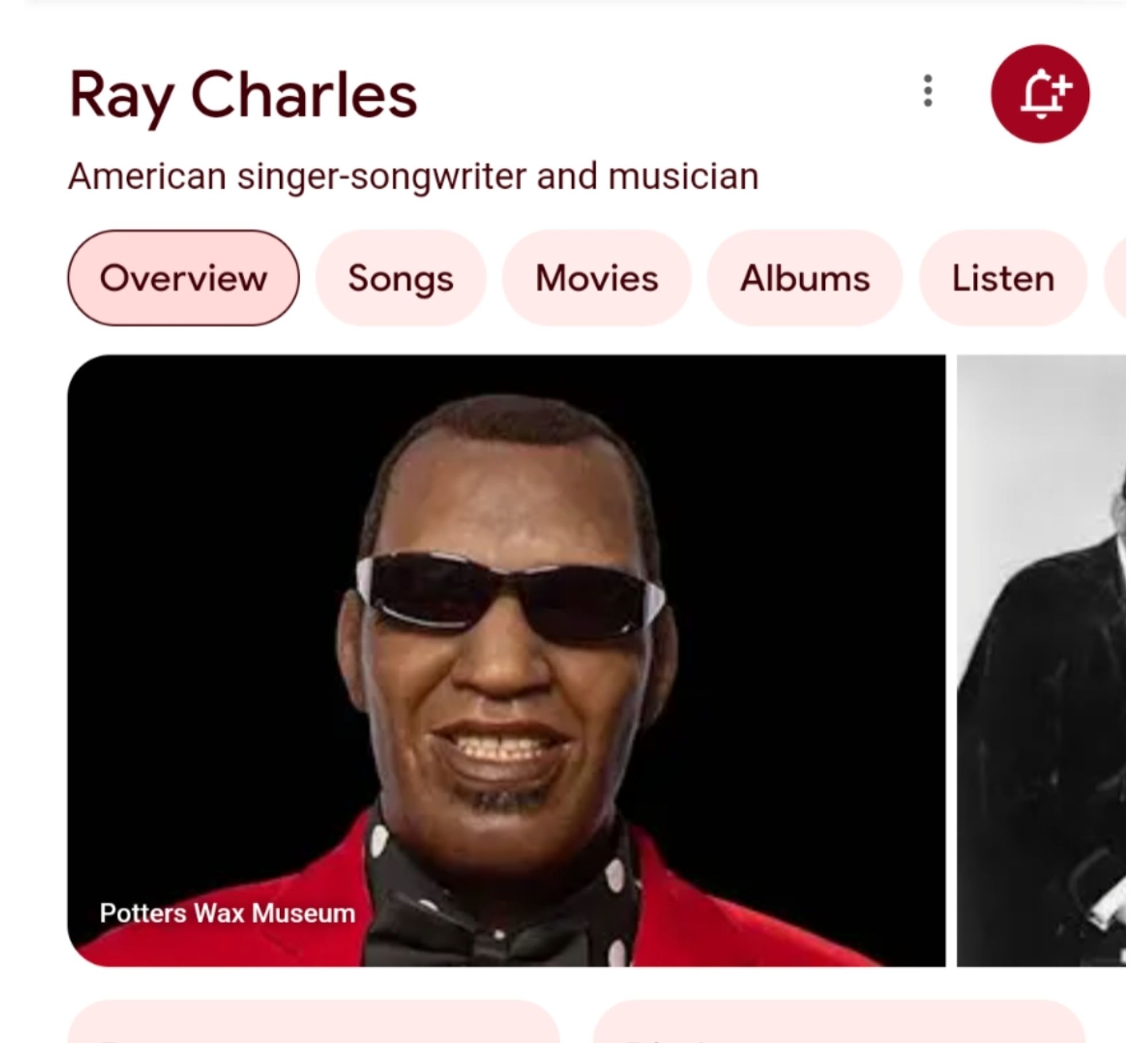 First image in a google search for Ray Charles is a waxwork. Presumably it is meant to be a waxwork of Ray Charles.