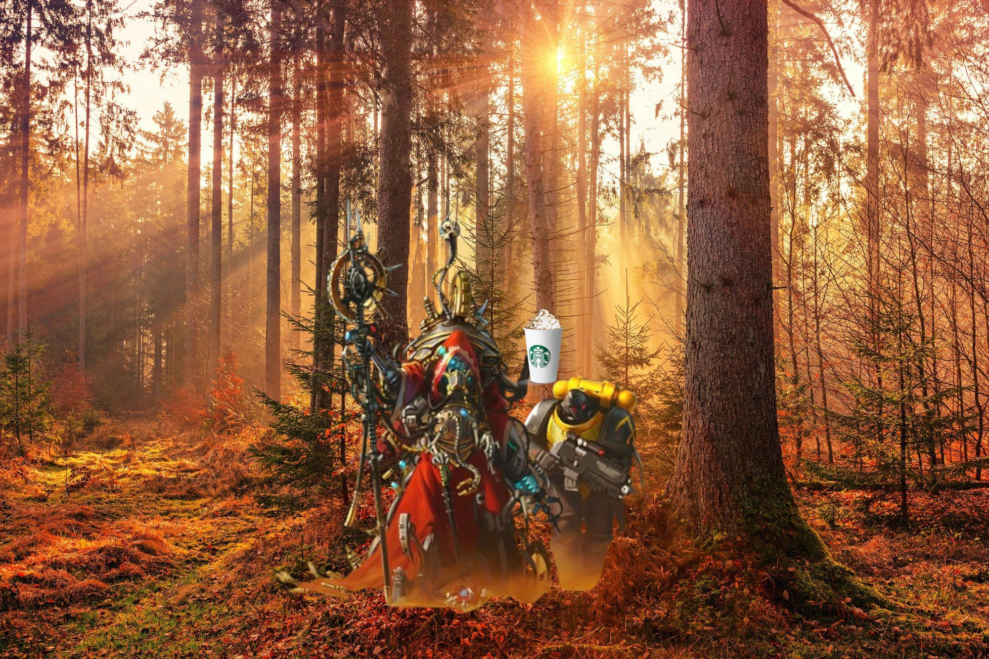 Belisarius Cawl of Warhammer 40K striding through an autumnal forest, holding a PSL in one of his mechadendrites