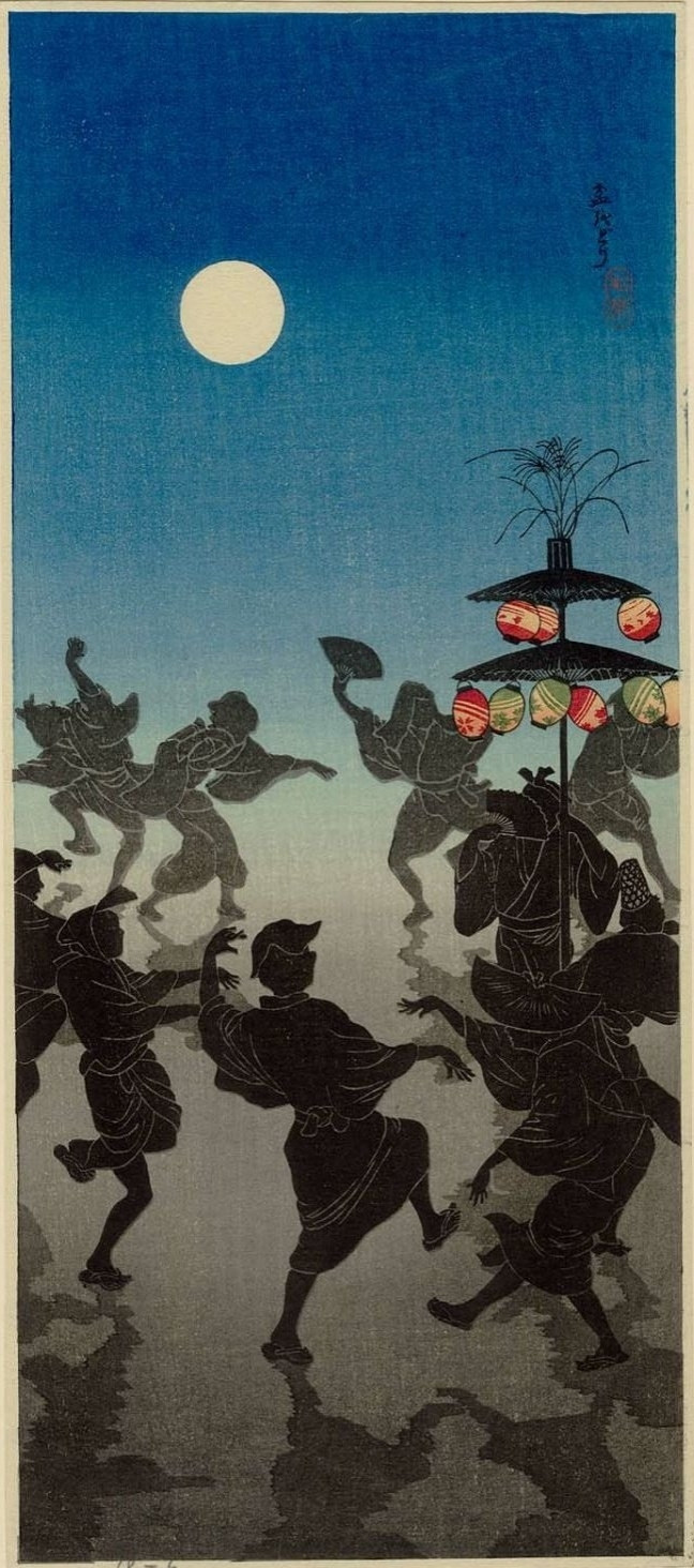 Japanese shinhanga print depicting a group dancing with a full moon in the sky.