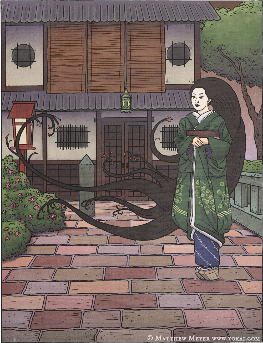 A woman wearing traditional Japanese dress stands before a traditional style Japanese home. Her hair is extremely long and at the end of each strand sharp barbs can be seen.